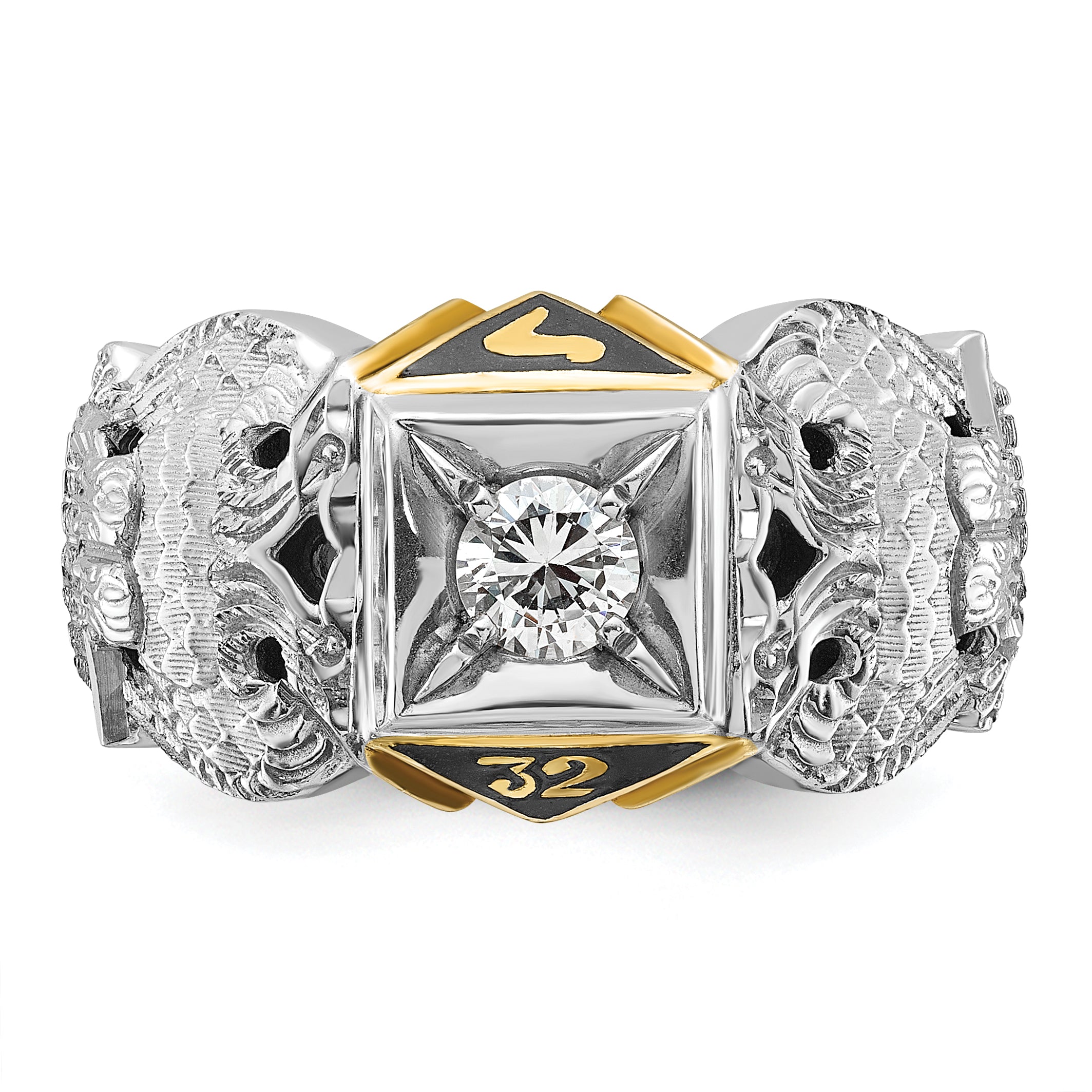 10k Two-tone Men's Polished and Textured with Black Enamel and Diamond 32nd Degree Scottish Rite Masonic Ring