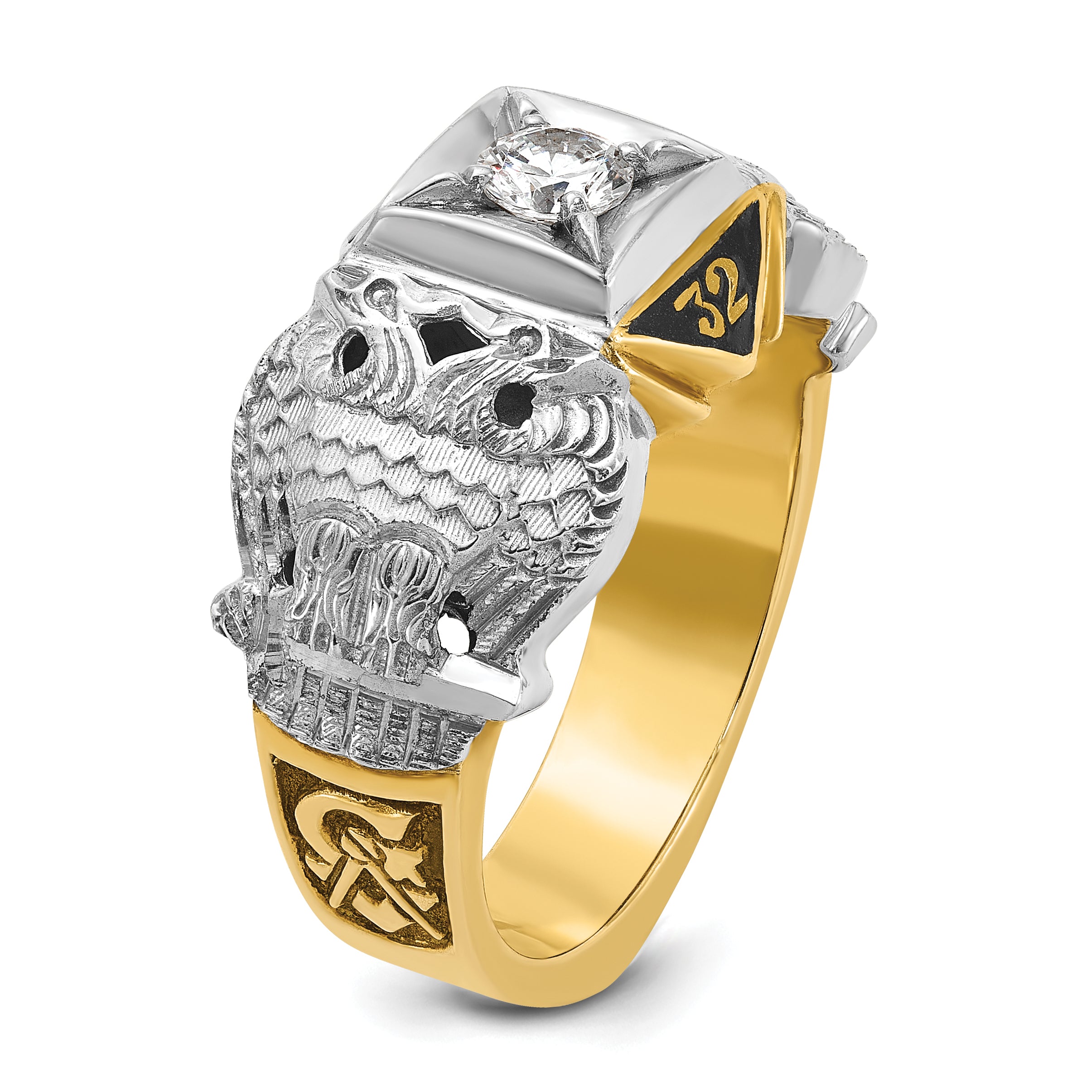 10k Two-tone Men's Polished and Textured with Black Enamel and Diamond 32nd Degree Scottish Rite Masonic Ring