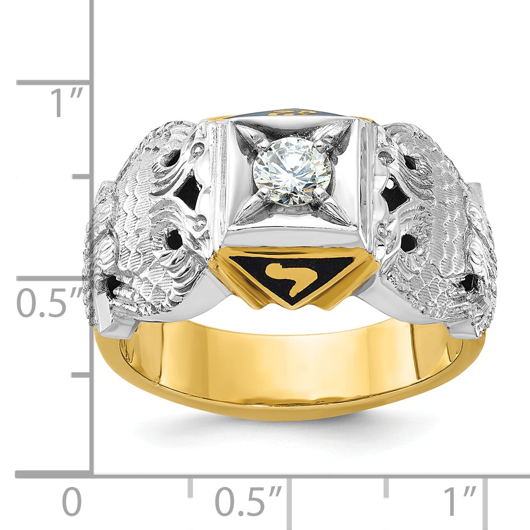 10k Two-tone Men's Polished and Textured with Black Enamel and Diamond 32nd Degree Scottish Rite Masonic Ring