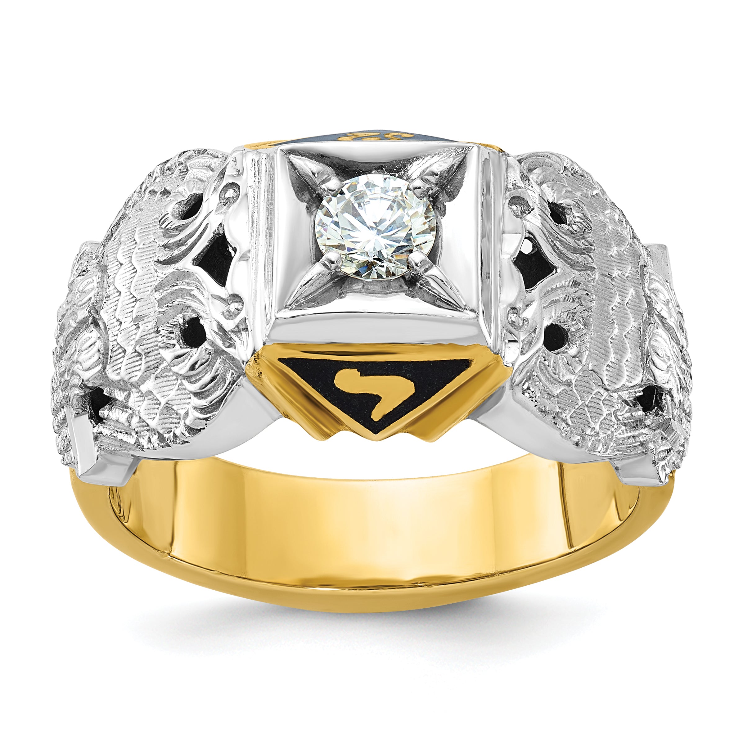 10k Two-tone Men's Polished and Textured with Black Enamel and Diamond 32nd Degree Scottish Rite Masonic Ring