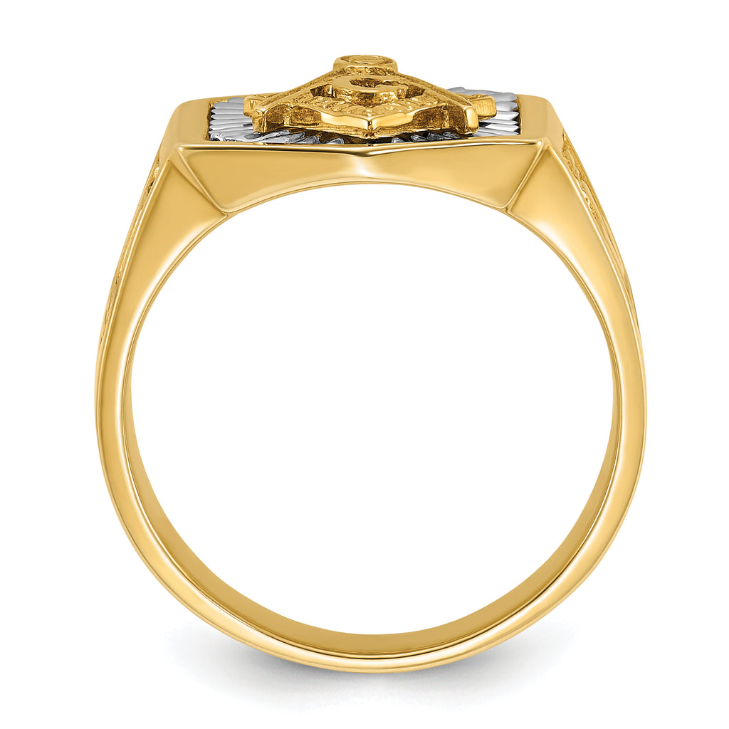 14k Two-tone Men's Polished and Textured Sun Ray Blue Lodge Master Masonic Ring