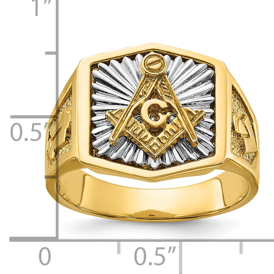 14k Two-tone Men's Polished and Textured Sun Ray Blue Lodge Master Masonic Ring