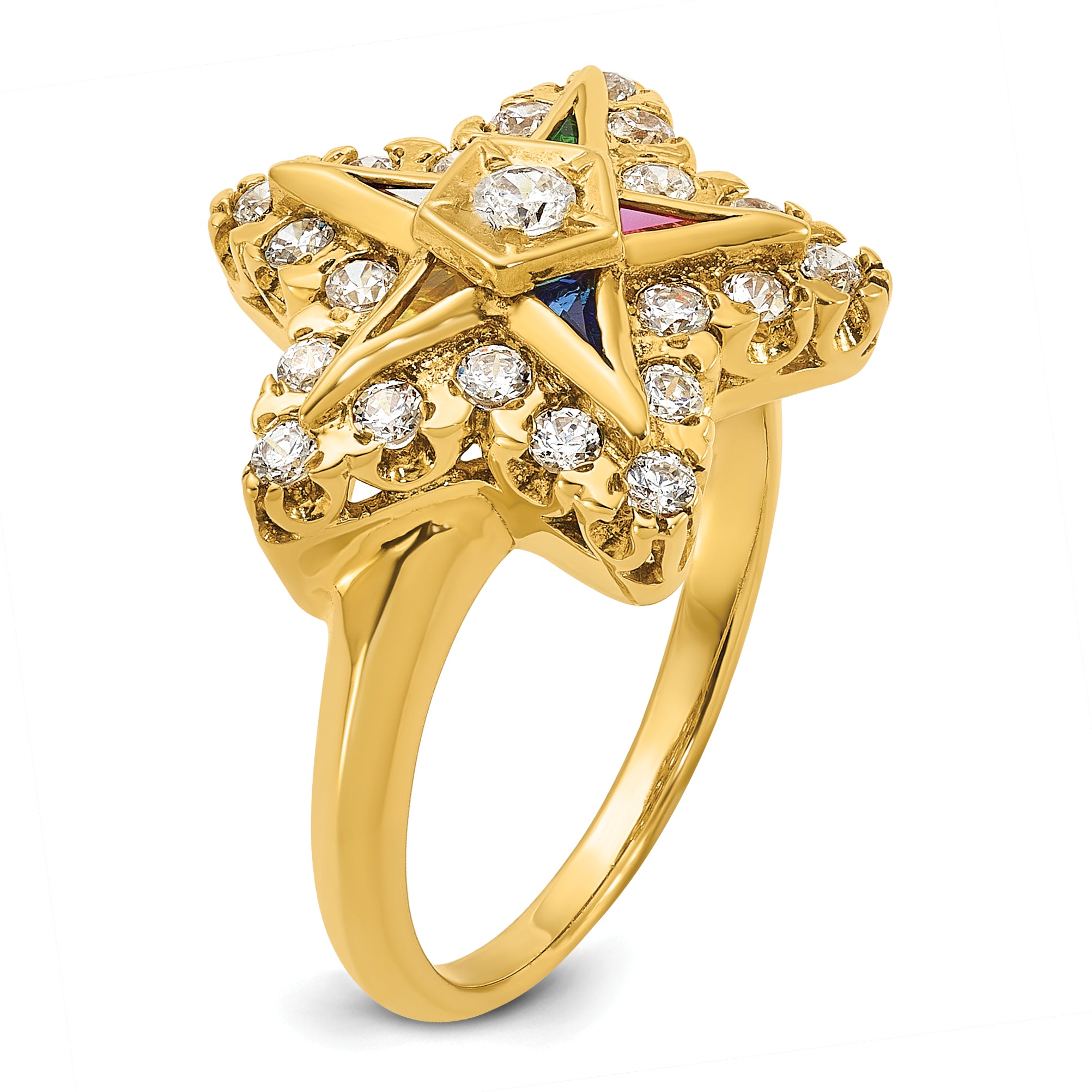 10k Women's Polished Multi-color CZ and A Quality Diamond Eastern Star Masonic Ring
