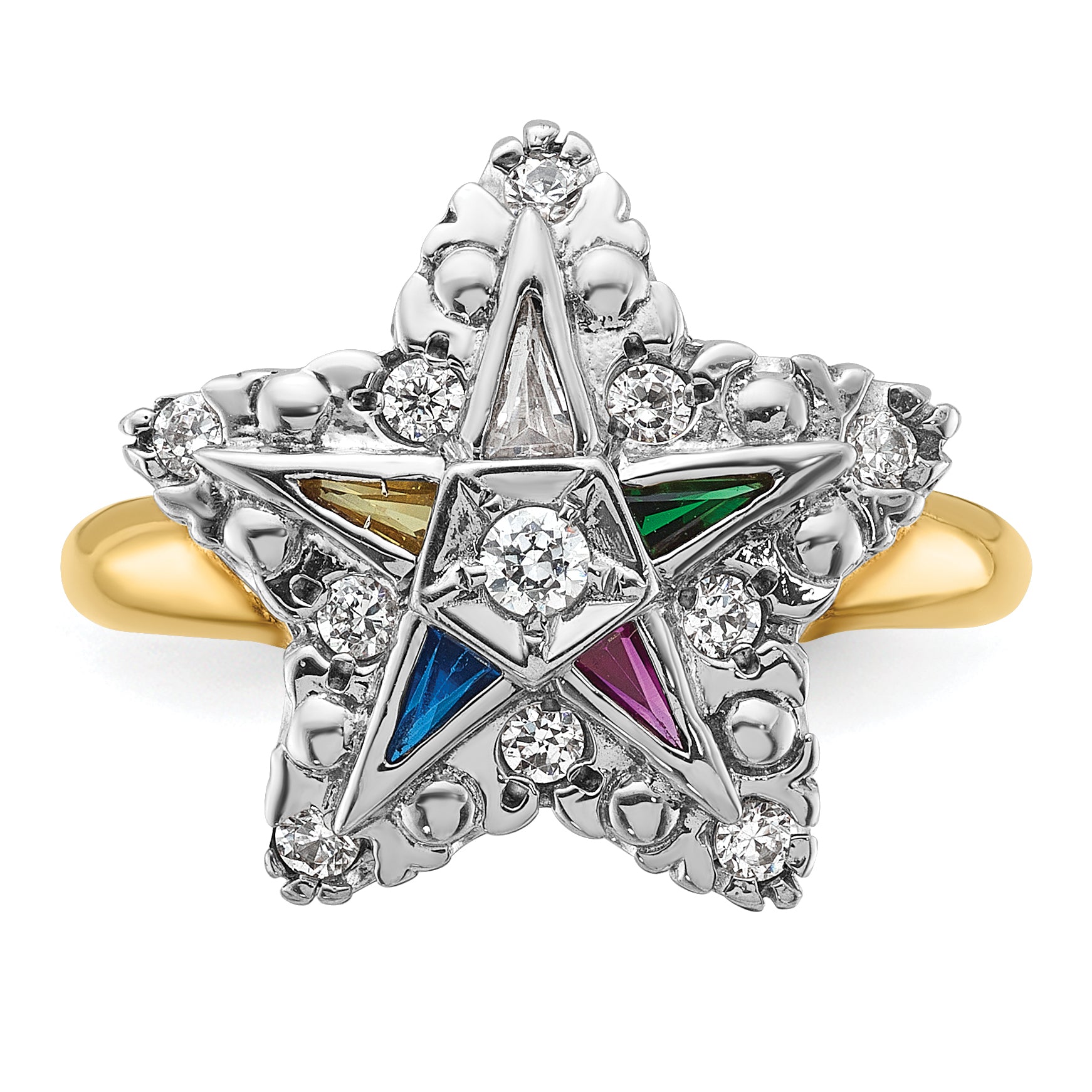 14k Two-tone Women's Polished and Beaded with Multi-color CZ and Diamond Eastern Star Masonic Ring Secondary image