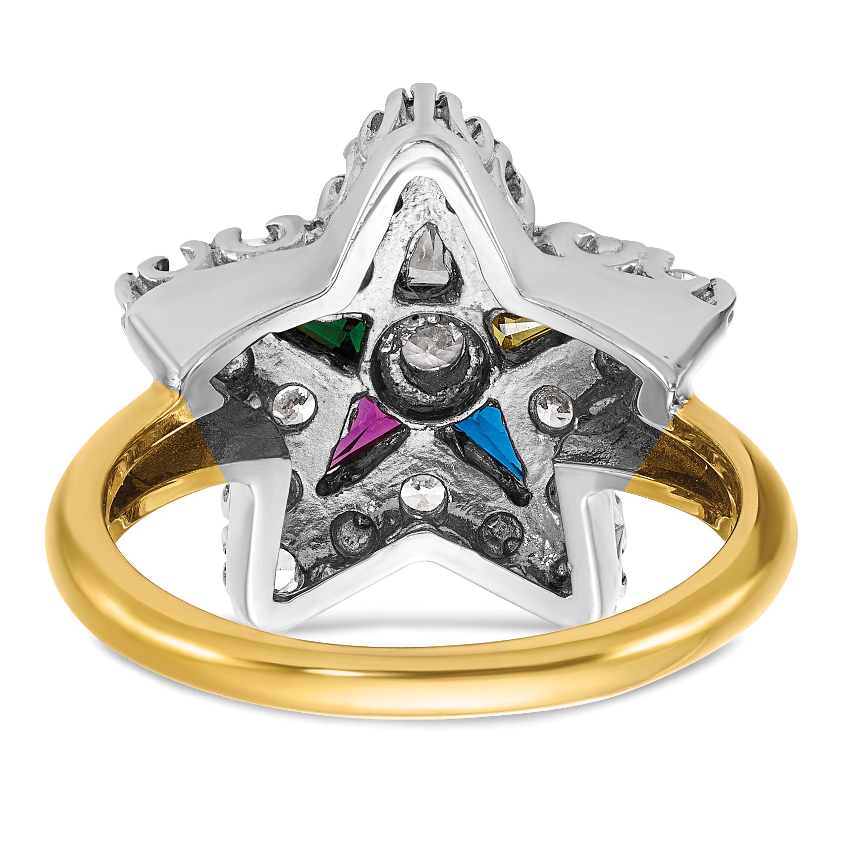 14k Two-tone Women's Polished and Beaded with Multi-color CZ and Diamond Eastern Star Masonic Ring - Sophia Jewelers