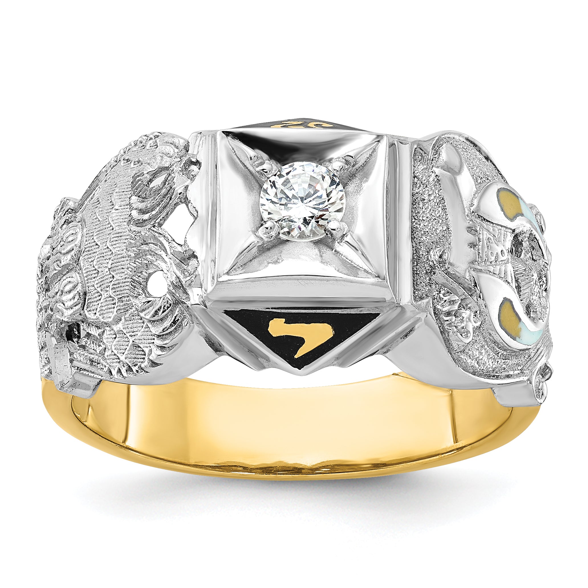 14k Two-tone Men's Polished and Textured Double Eagle Masonic Shriner's Ring Mounting, Mounting Only - Sophia Jewelers Main image