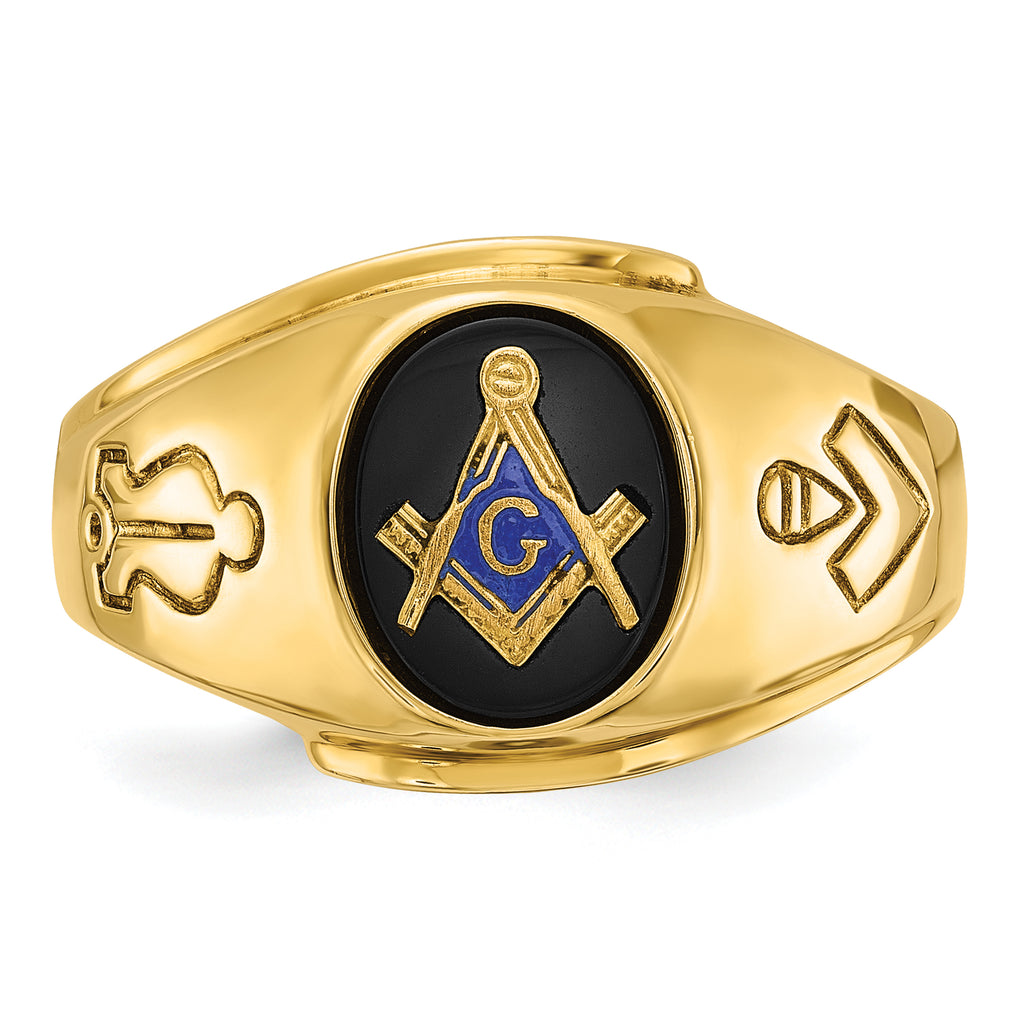 14k Men's Polished and Grooved with Oval Onyx Blue Lodge Master Masonic Ring - Sophia Jewelers