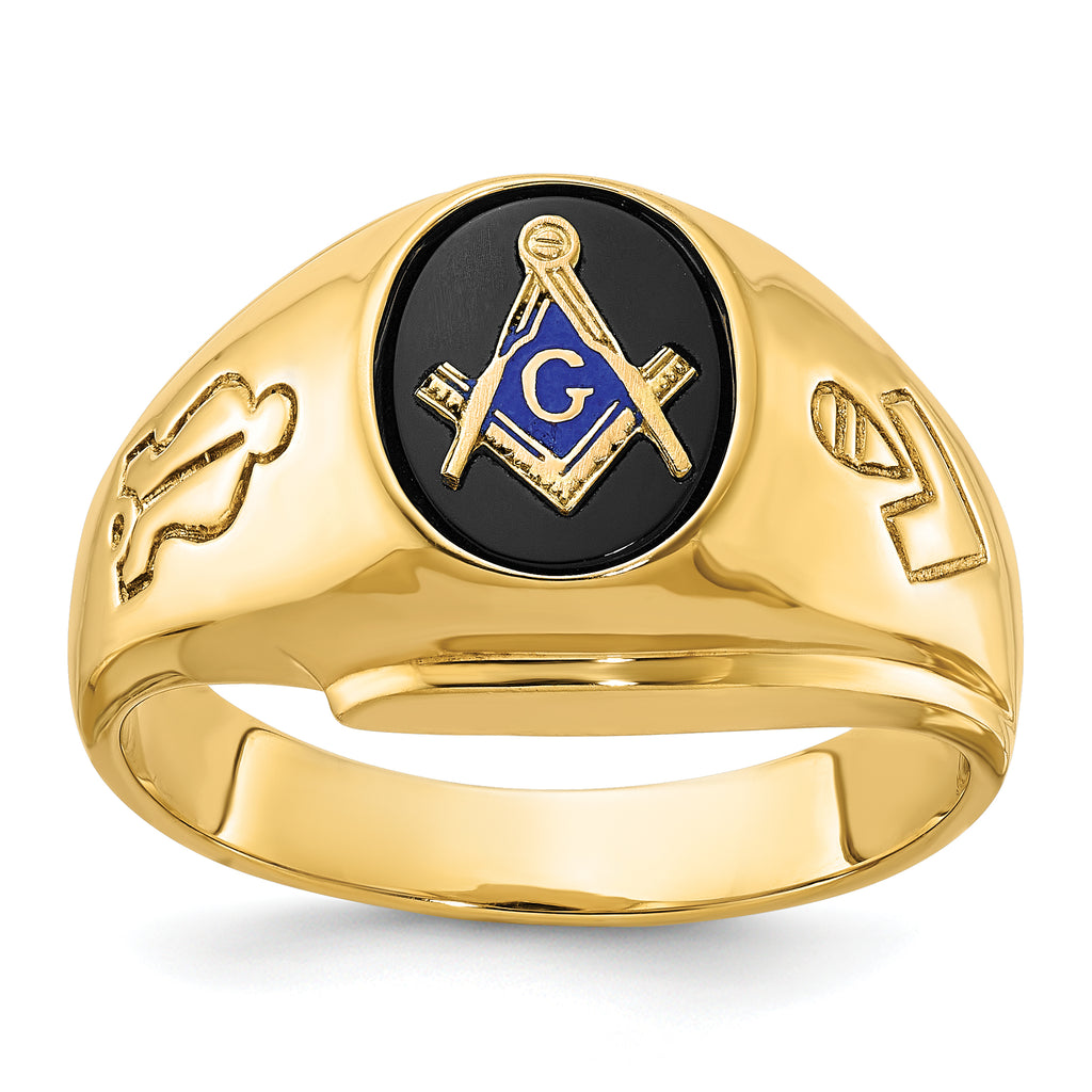 14k Men's Polished and Grooved with Oval Onyx Blue Lodge Master Masonic Ring - Sophia Jewelers