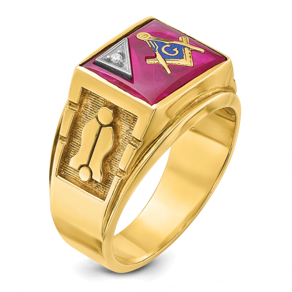 14k Two-tone Men's Polished and Textured with Lab Created Ruby and Diamond Blue Lodge Master Masonic - Sophia Jewelers