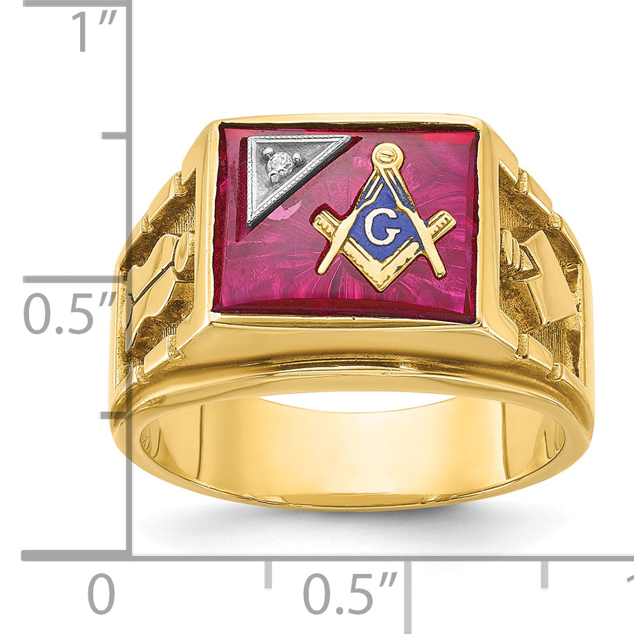14k Two-tone Men's Polished and Textured with Lab Created Ruby and Diamond Blue Lodge Master Masonic - Sophia Jewelers
