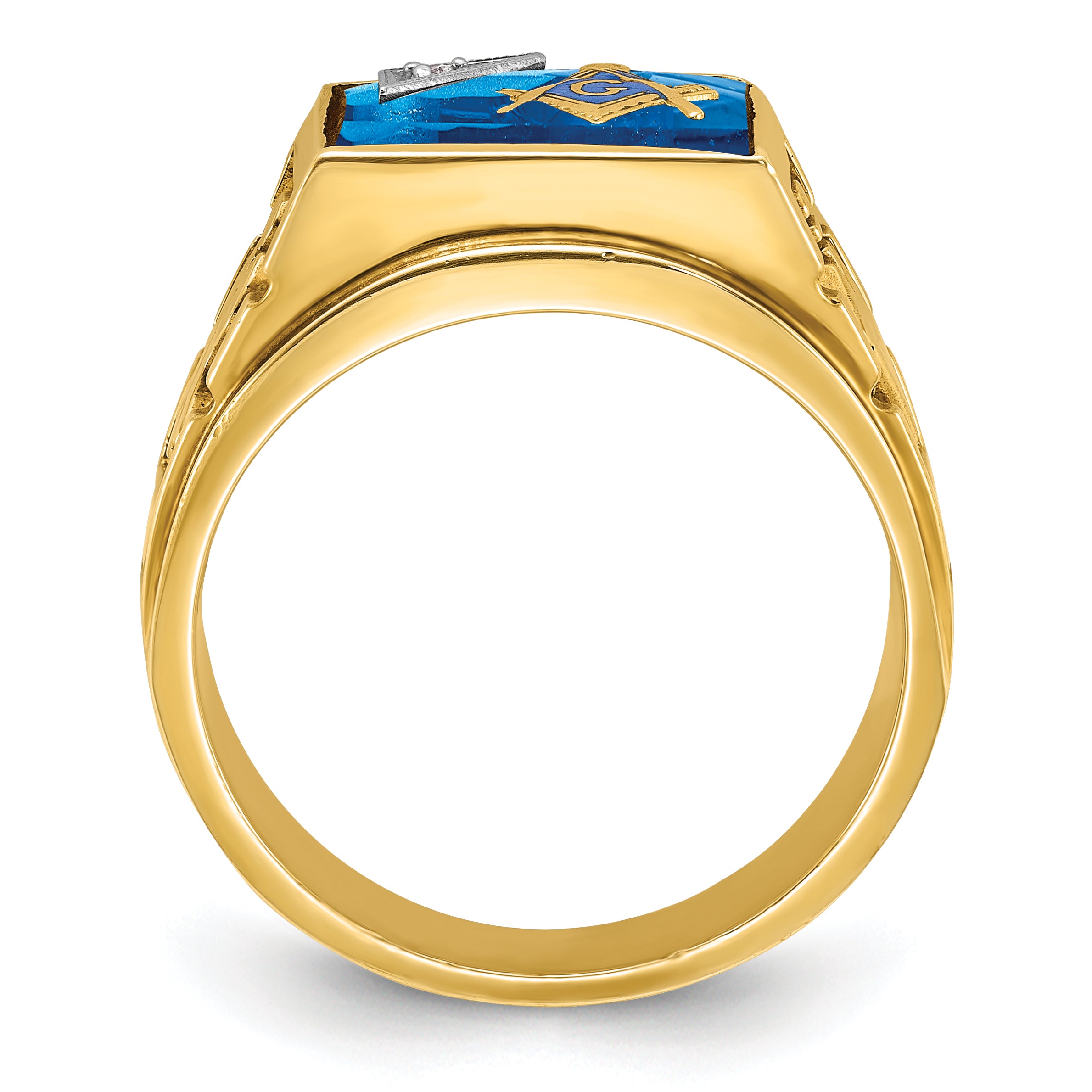 14k Two-tone Men's Polished and Textured with Lab Created Sapphire and Diamond Blue Lodge Master Masonic Ring