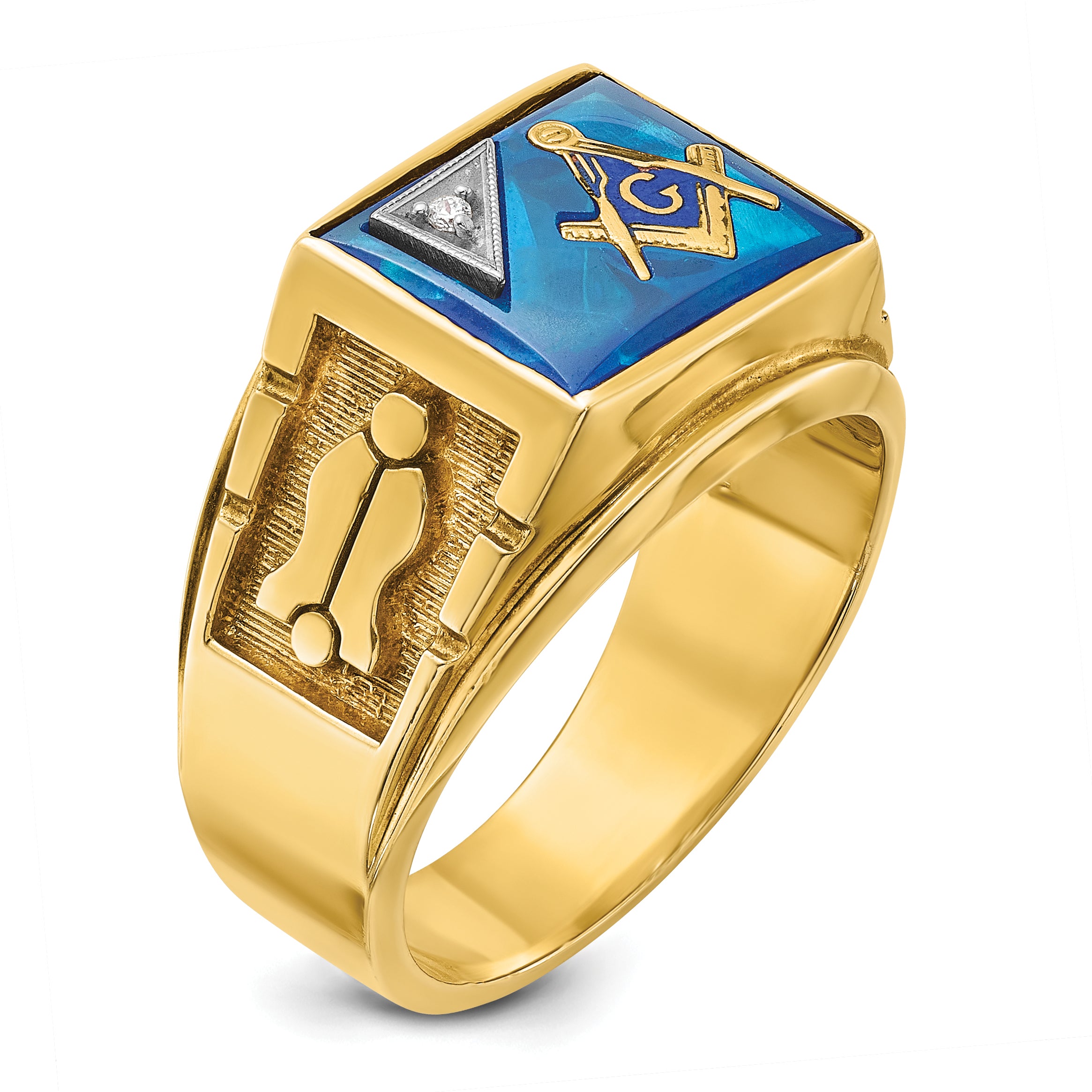 14k Two-tone Men's Polished and Textured with Lab Created Sapphire and Diamond Blue Lodge Master Masonic Ring