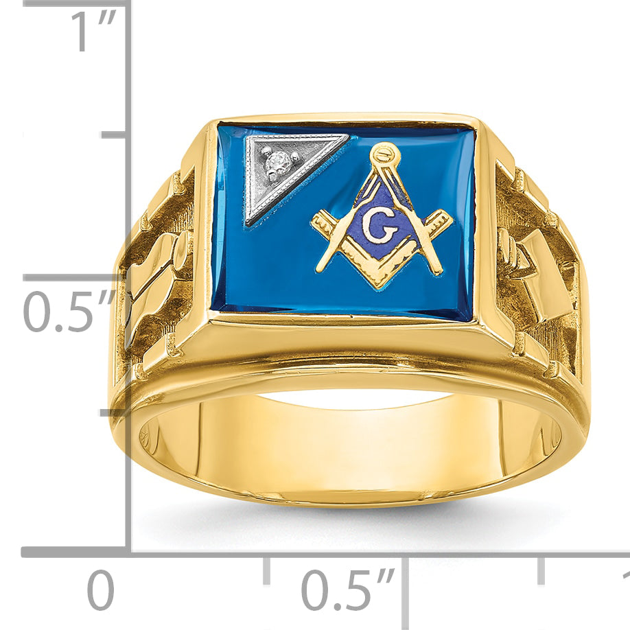 14k Two-tone Men's Polished and Textured with Lab Created Sapphire and Diamond Blue Lodge Master Masonic Ring