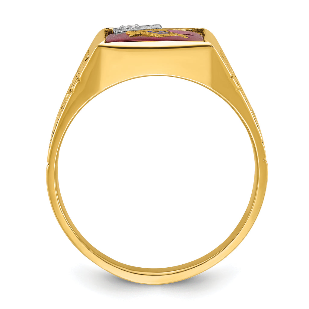 10k Two-tone Men's Polished and Textured with Lab Created Ruby and Diamond Blue Lodge Master Masonic Ring