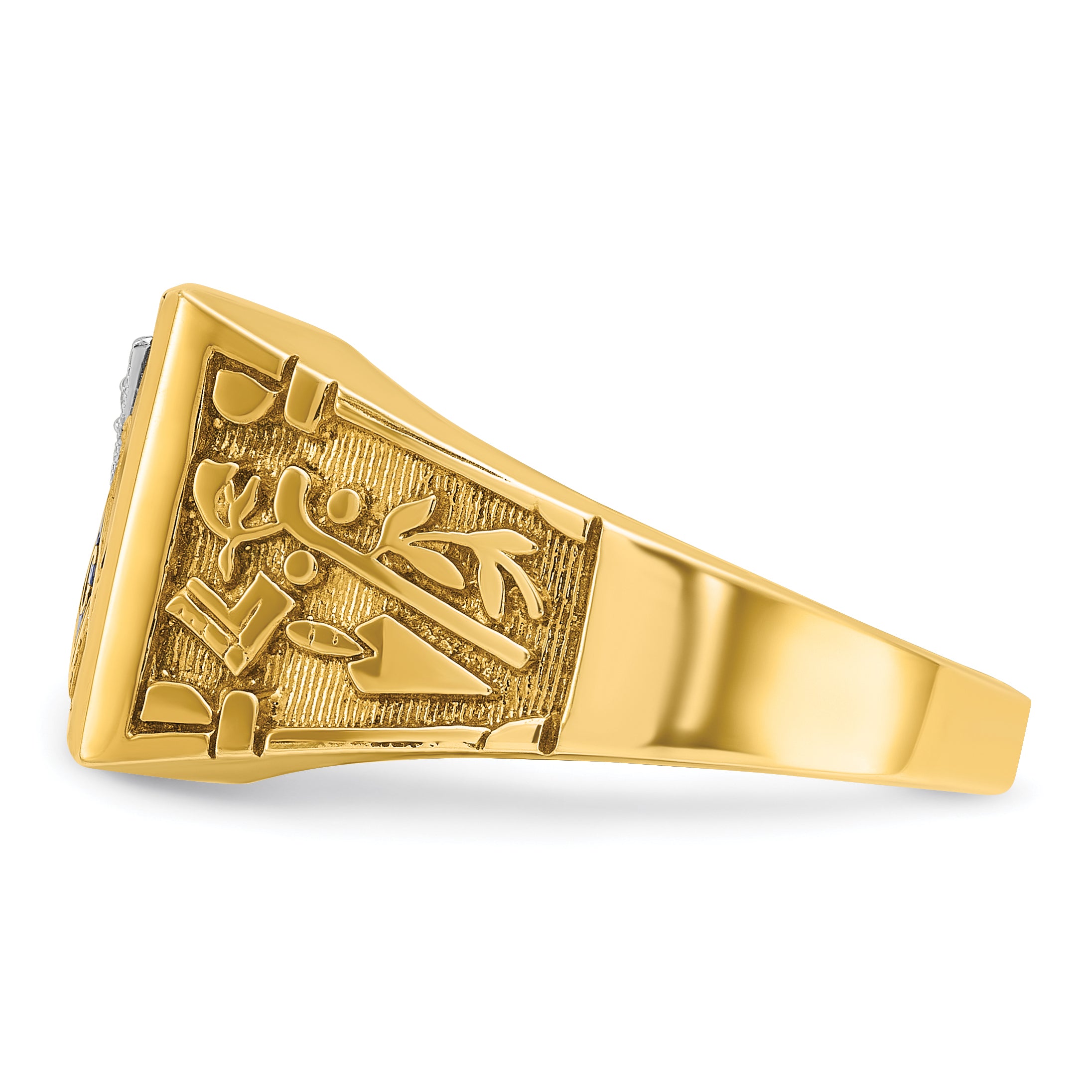 10k Two-tone Men's Polished and Textured with Lab Created Ruby and Diamond Blue Lodge Master Masonic Ring