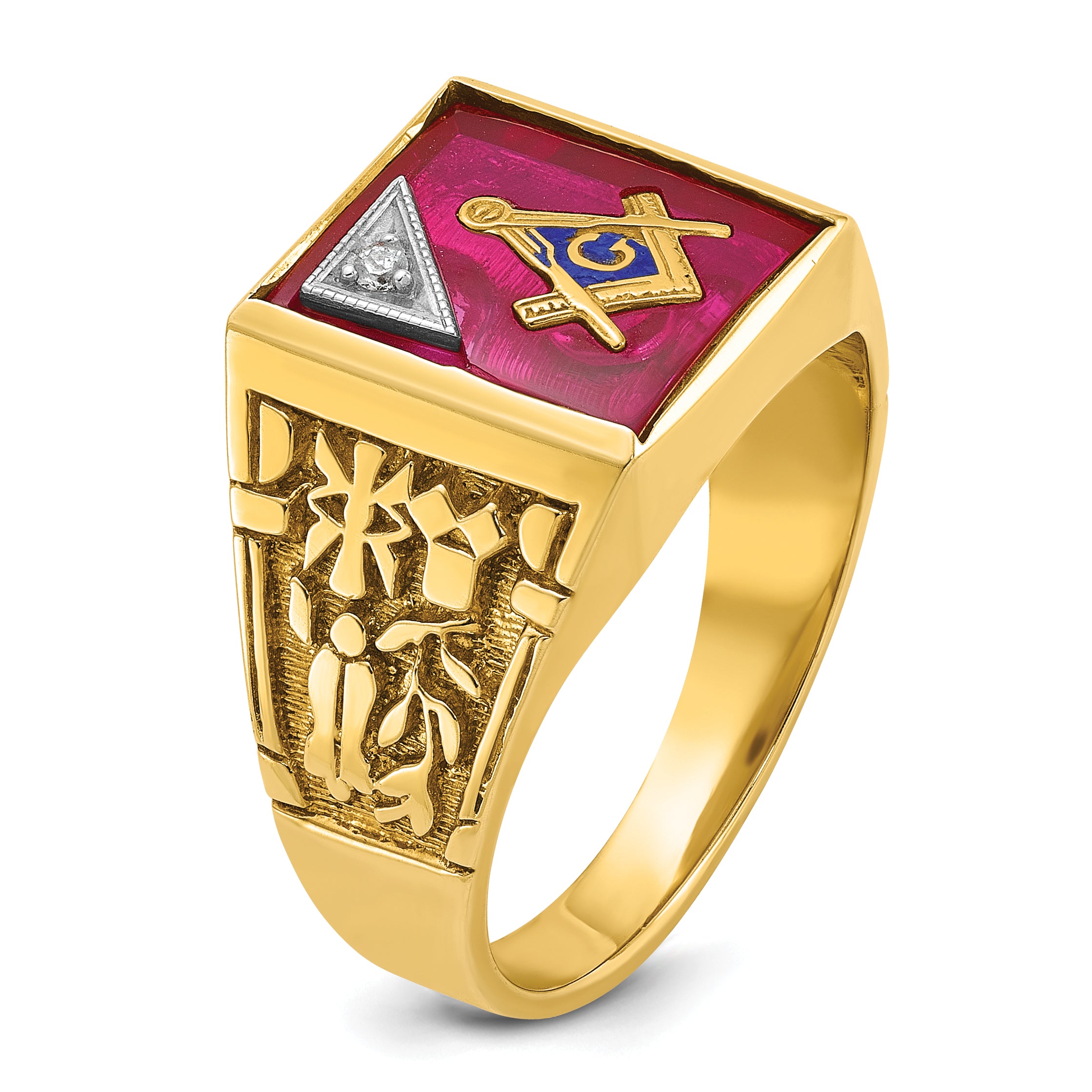10k Two-tone Men's Polished and Textured with Lab Created Ruby and Diamond Blue Lodge Master Masonic Ring