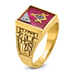 10k Two-tone Men's Polished and Textured with Lab Created Ruby and Diamond Blue Lodge Master Masonic Ring