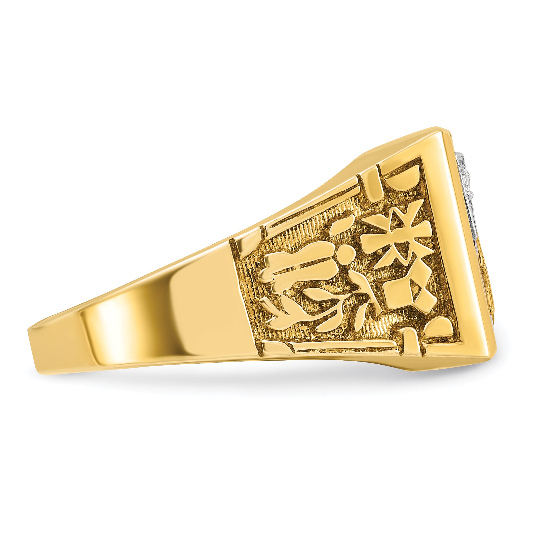 10k Two-tone Men's Polished and Textured with Lab Created Ruby and Diamond Blue Lodge Master Masonic Ring