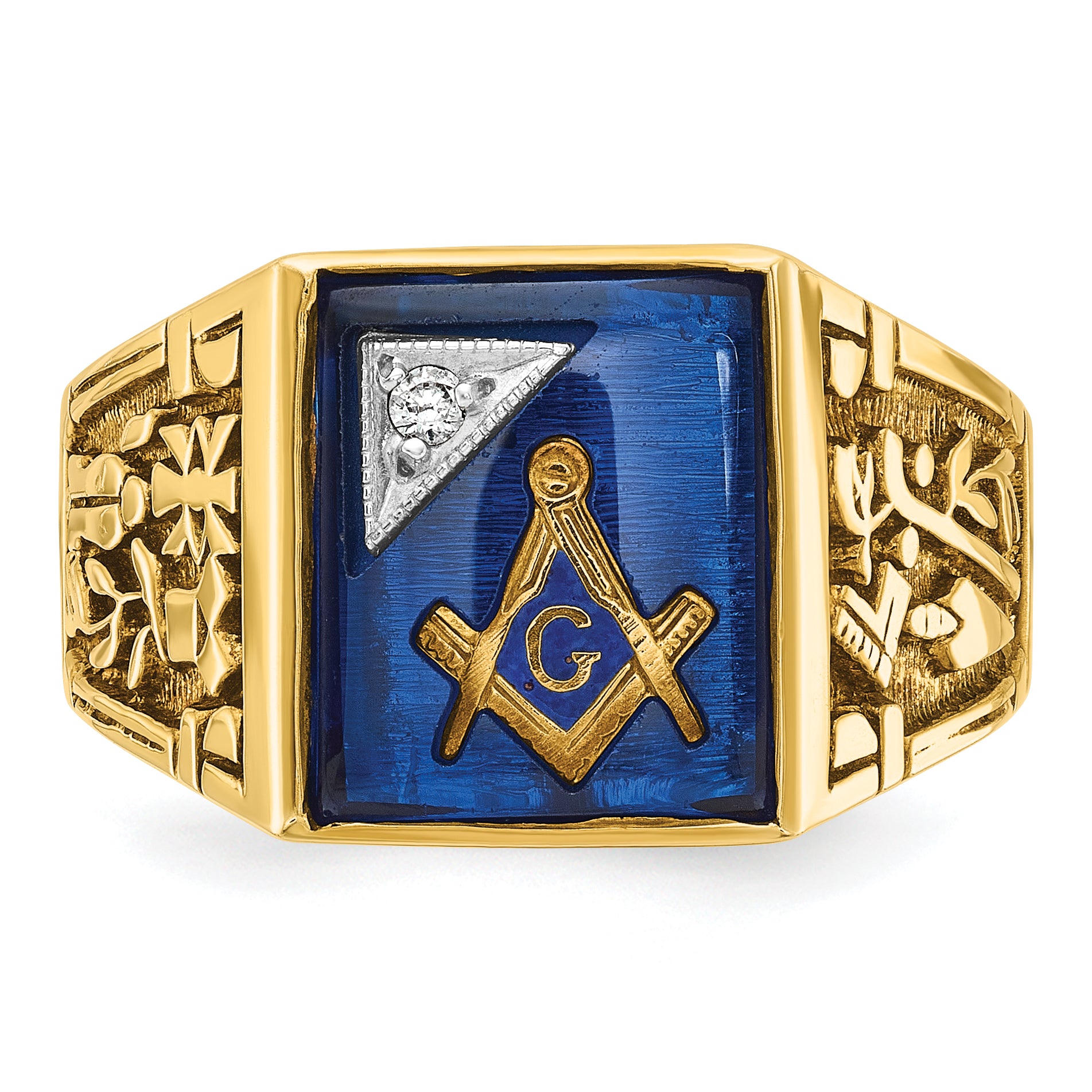 10k Two-tone Men's Polished and Textured with Lab Created Sapphire and Diamond Blue Lodge Master Masonic Ring