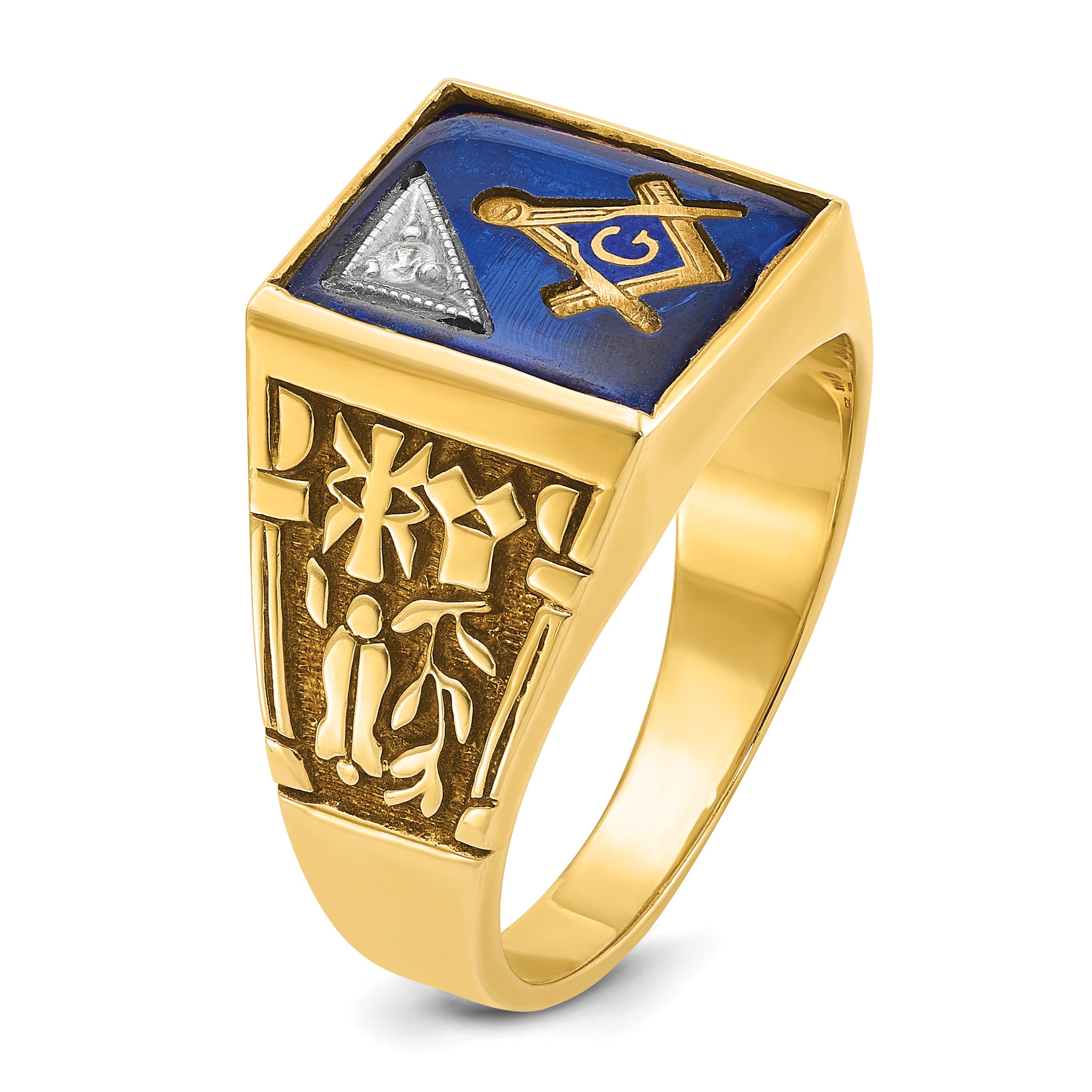 10k Two-tone Men's Polished and Textured with Lab Created Sapphire and Diamond Blue Lodge Master Masonic Ring