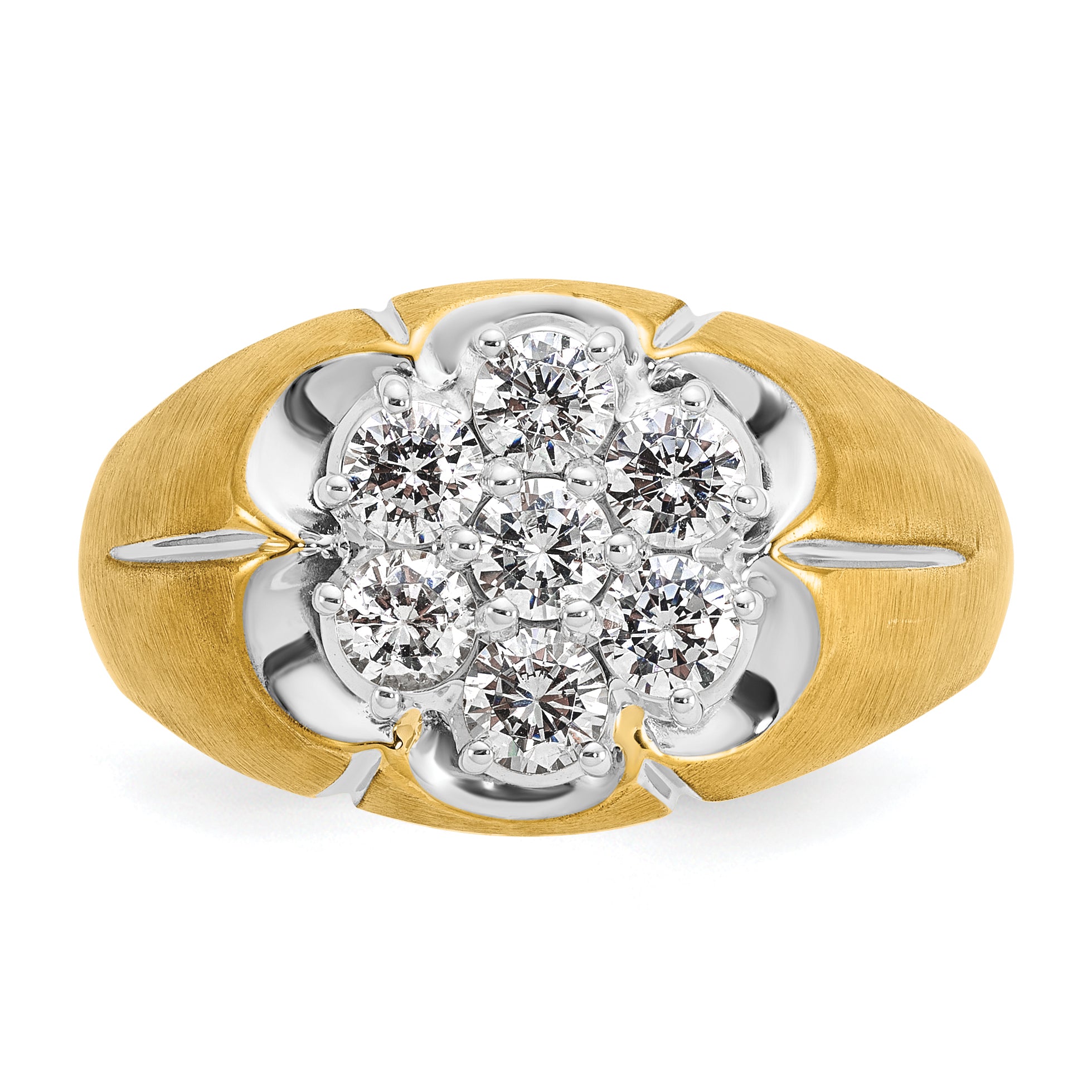 14k Two-tone Men's Polished Satin and Grooved Round Cluster Ring Mounting, Mounting Only - Sophia Jewelers