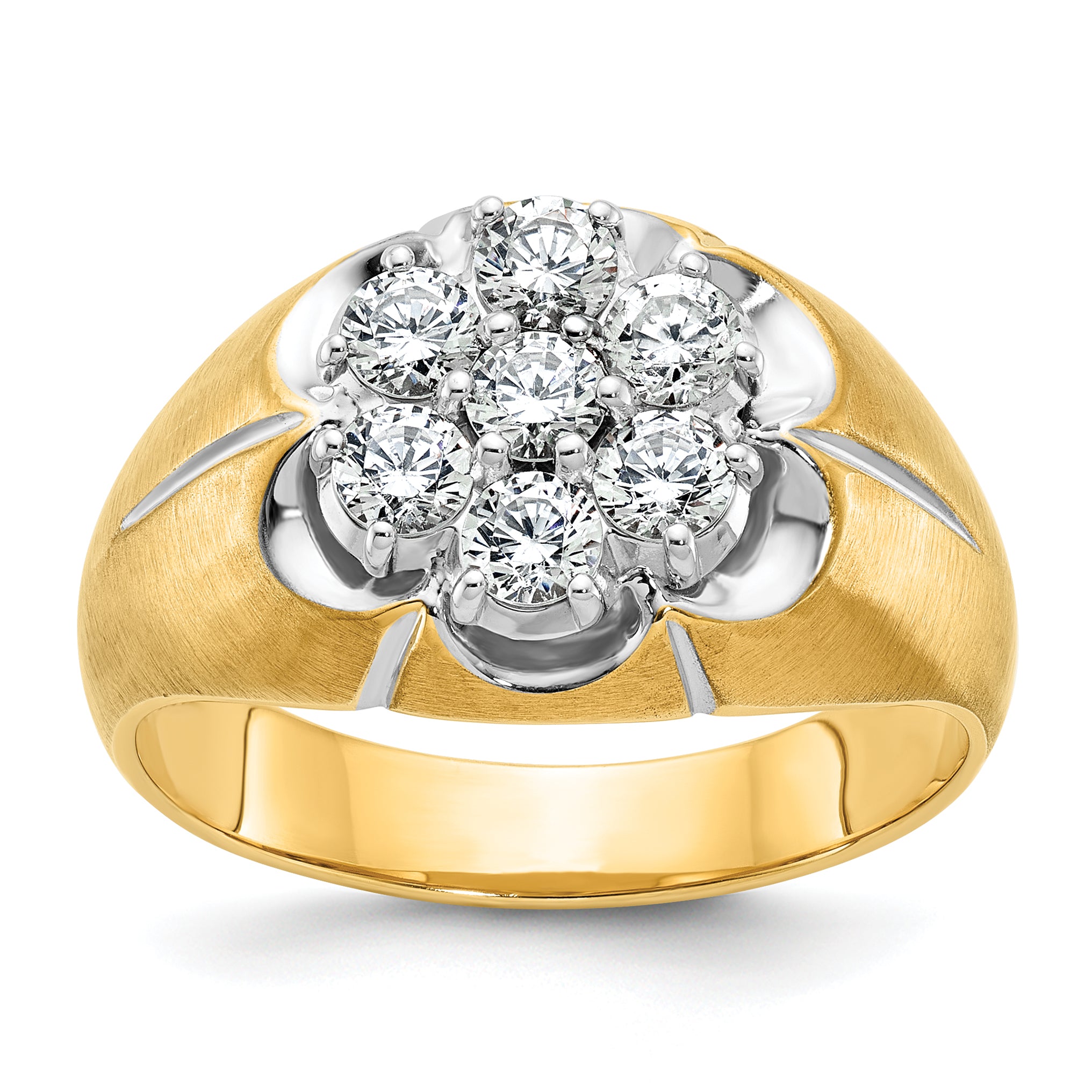 14k Two-tone Men's Polished Satin and Grooved Round Cluster Ring Mounting, Mounting Only - Sophia Jewelers