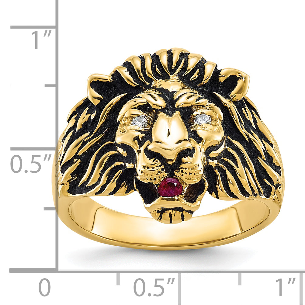 10k Men's Diamond and Ruby Antiqued Lion Complete Ring