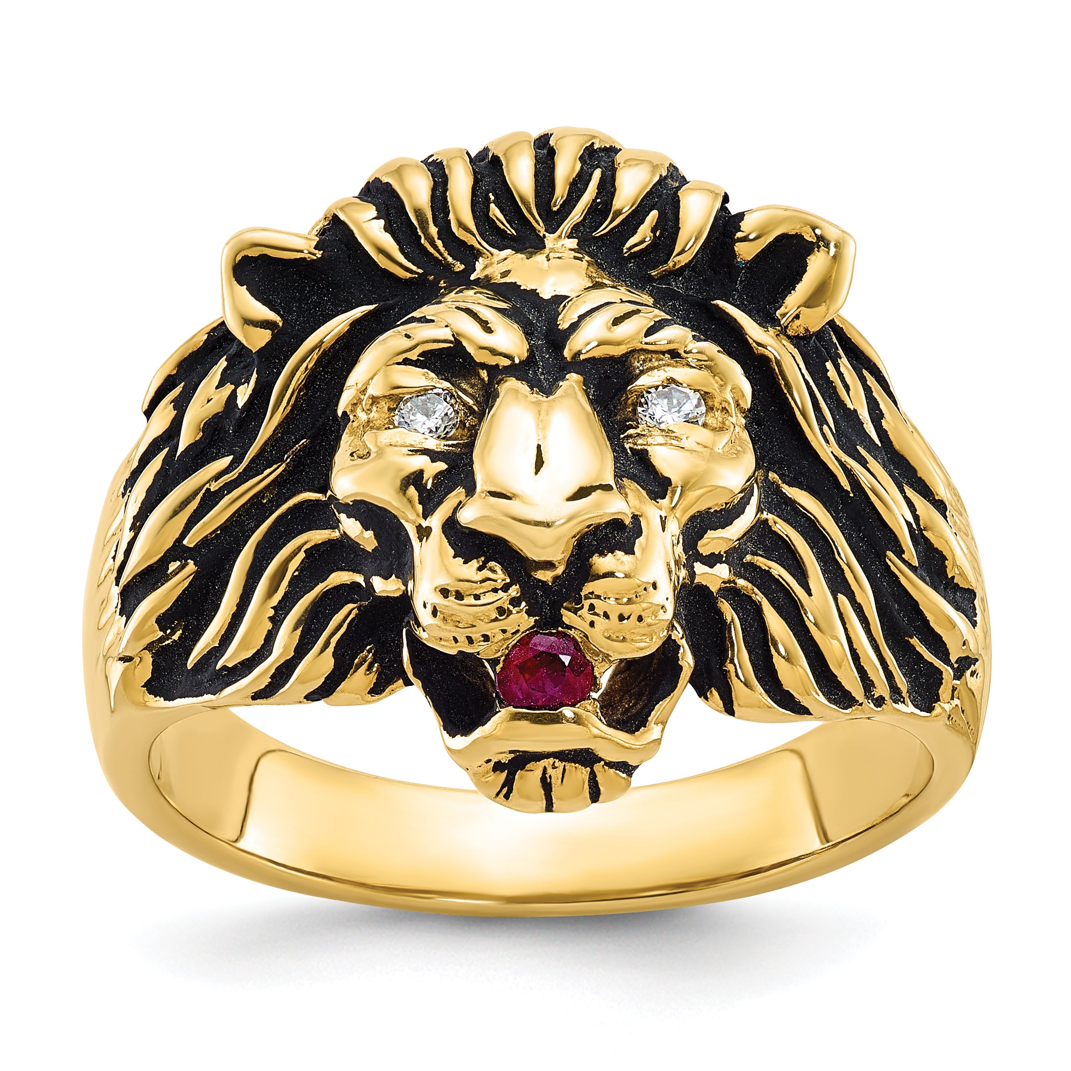 14k Mens 1/20 carat Diamond and Ruby Antiqued Lion Complete Ring - Sophia Jewelers Main image