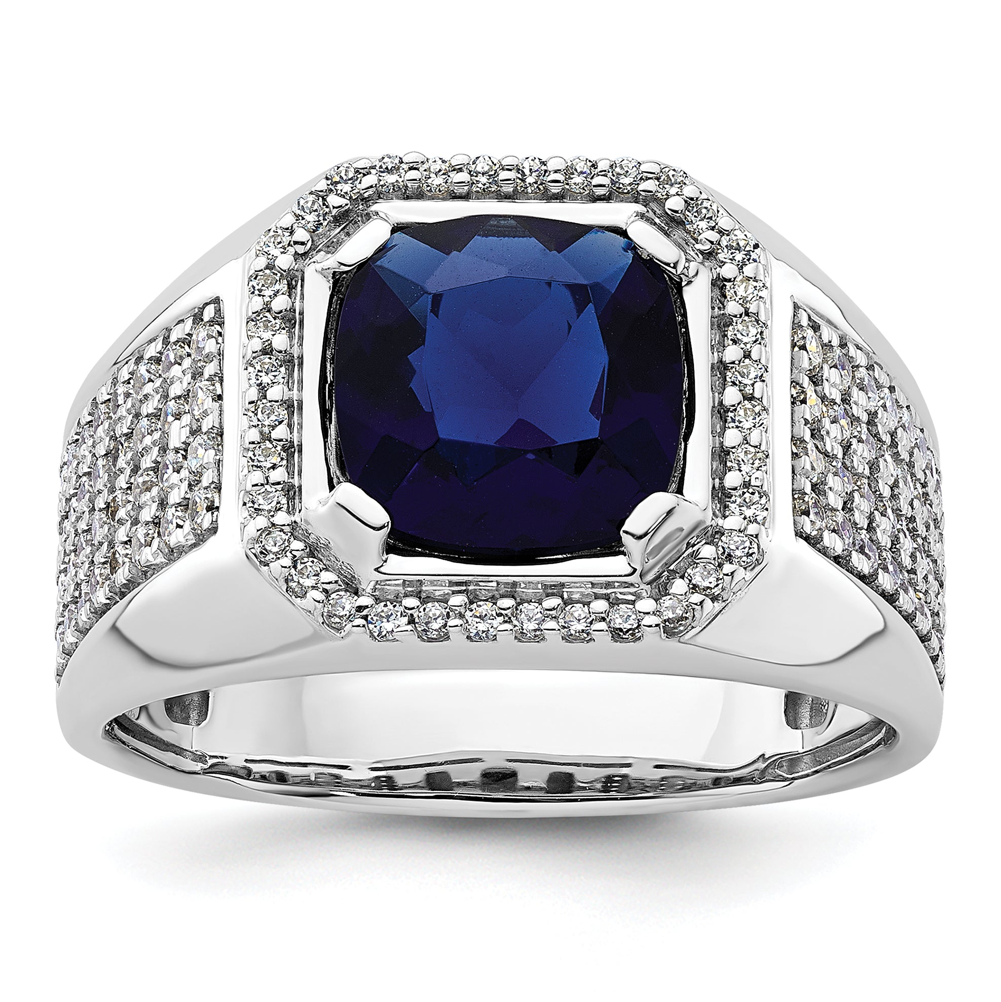 14k White Gold 7/8 carat Lab Grown Diamond VS/SI+ G+ and Created Blue Sapphire Complete Men's Ring Main image