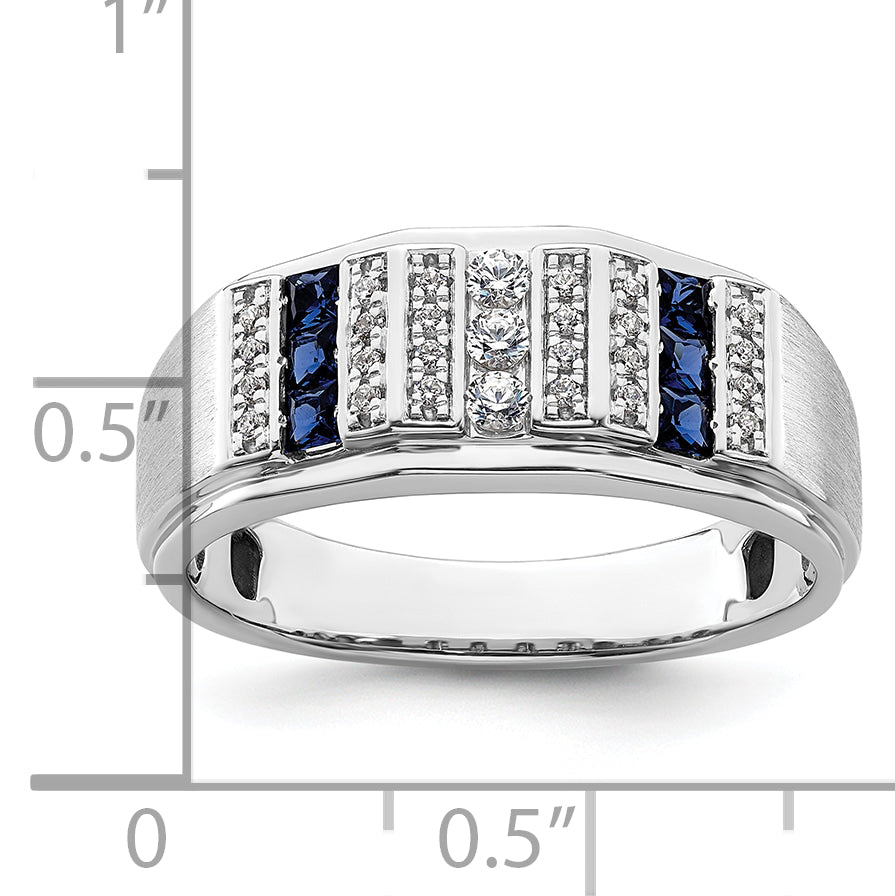 14k White Gold 1/5 carat Lab Grown Diamond VS/SI+ G+ and Lab Created Blue Sapphire Complete Men's Ring