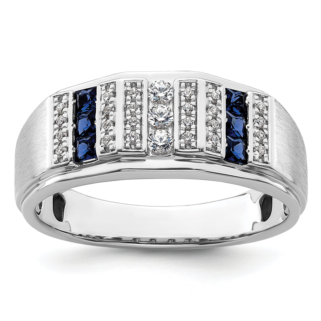 14k White Gold 1/5 carat Lab Grown Diamond VS/SI+ G+ and Lab Created Blue Sapphire Complete Men's Ring