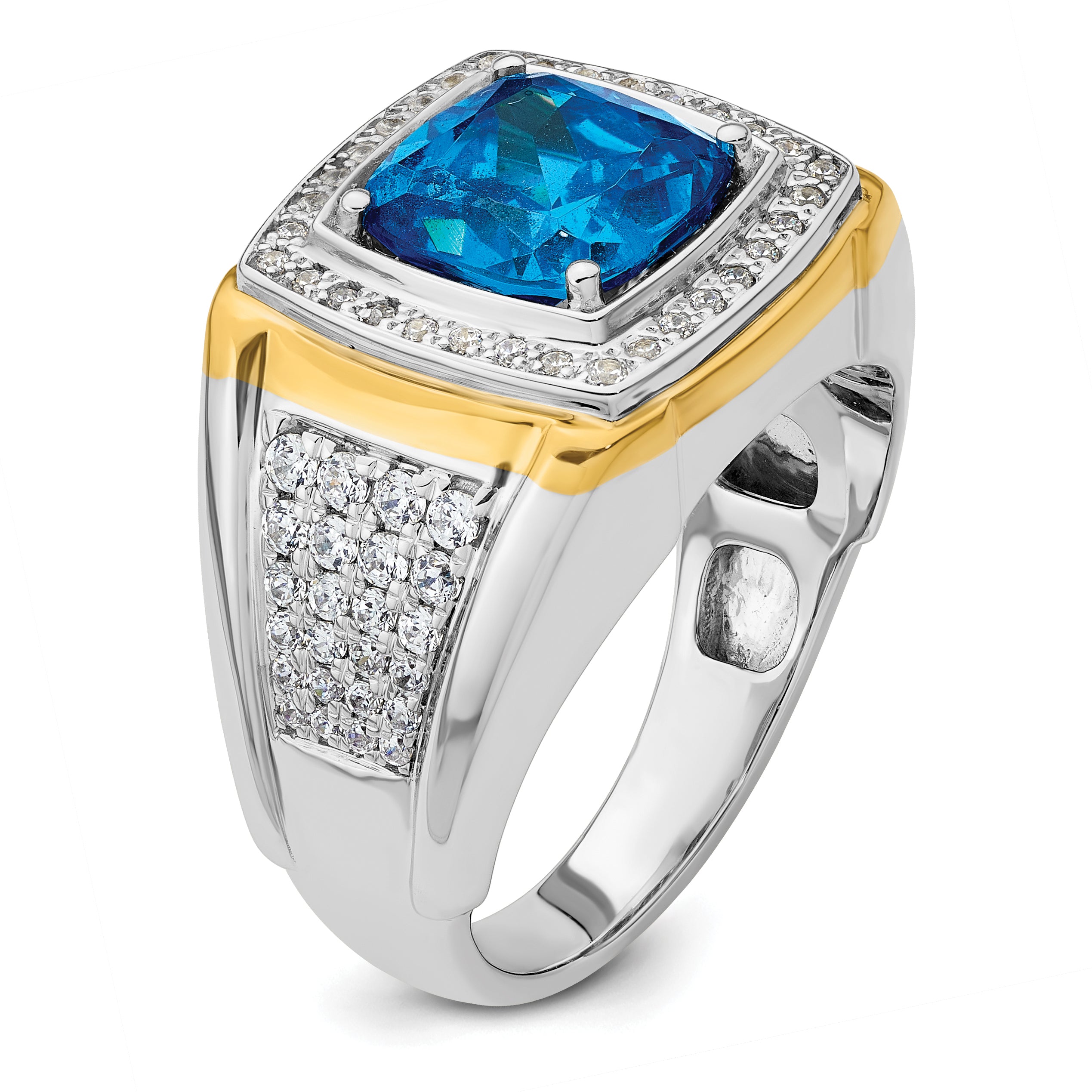 14k Two-Tone 3/4 carat Lab Grown Diamond VS/SI+ G+ and Blue Topaz Complete Men's Ring