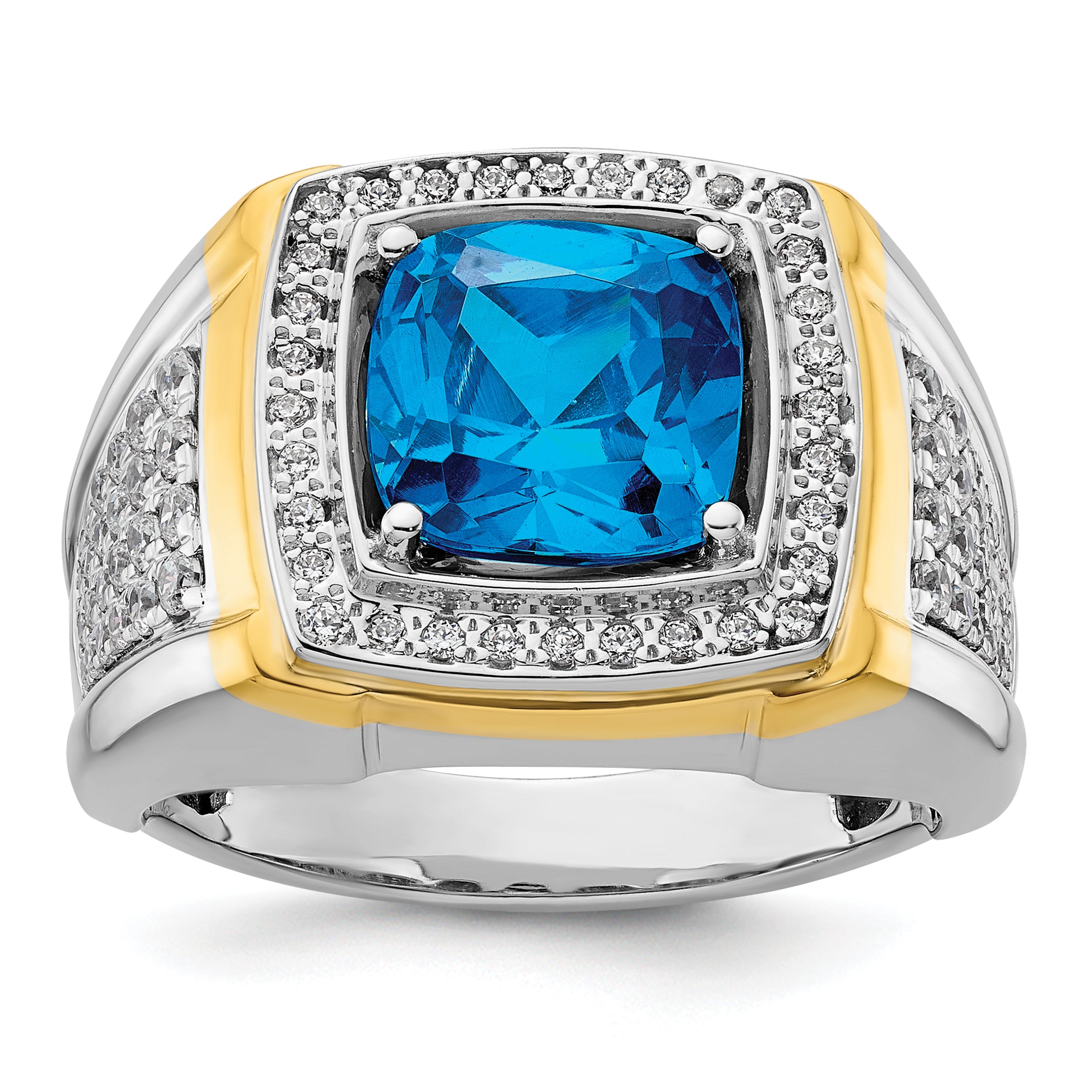 14k Two-Tone 3/4 carat Lab Grown Diamond VS/SI+ G+ and Blue Topaz Complete Men's Ring Main image