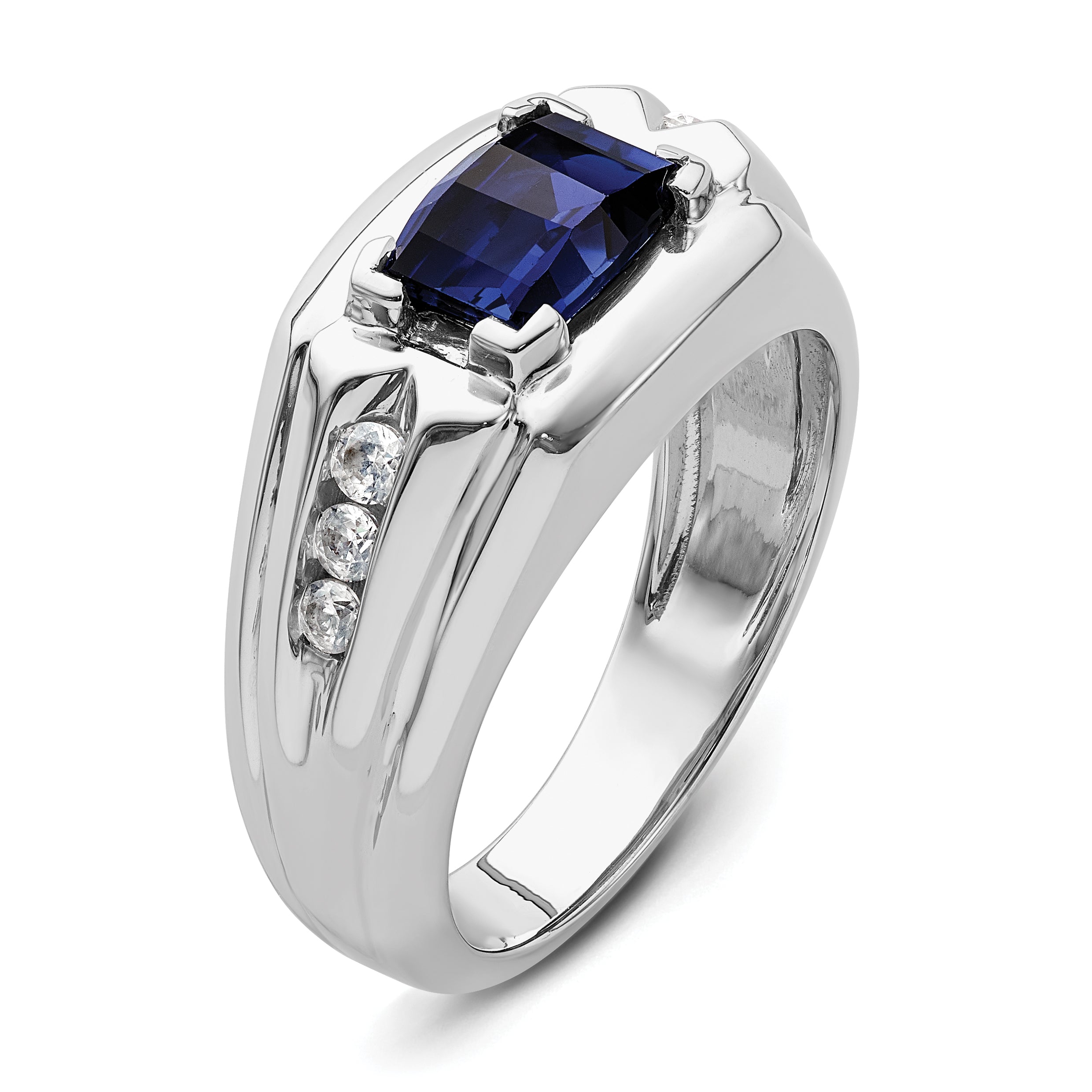 14k White Gold 1/4 carat Lab Grown Diamond VS/SI+ G+ and Lab Created Blue Sapphire Complete Men's Ring