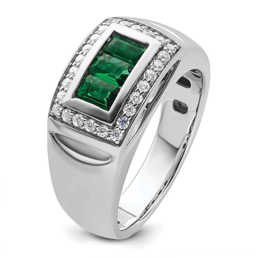 14k White Gold 1/3 carat Lab Grown Diamond VS/SI+ G+ and Created Emerald Complete Men's Ring