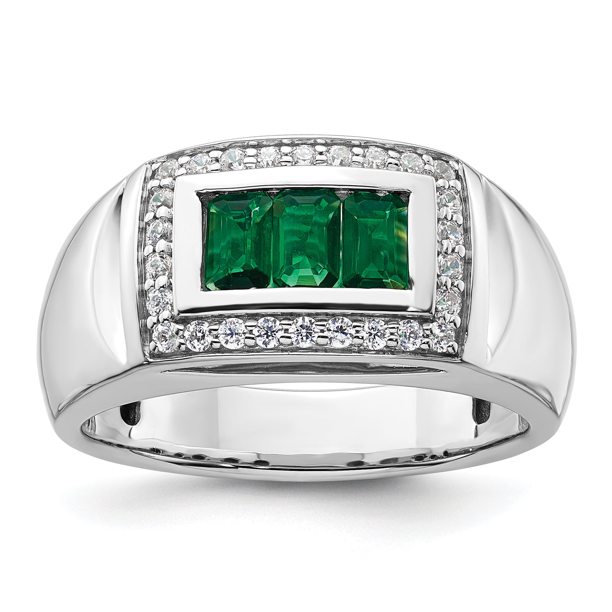 14k White Gold 1/3 carat Lab Grown Diamond VS/SI+ G+ and Created Emerald Complete Men's Ring Main image