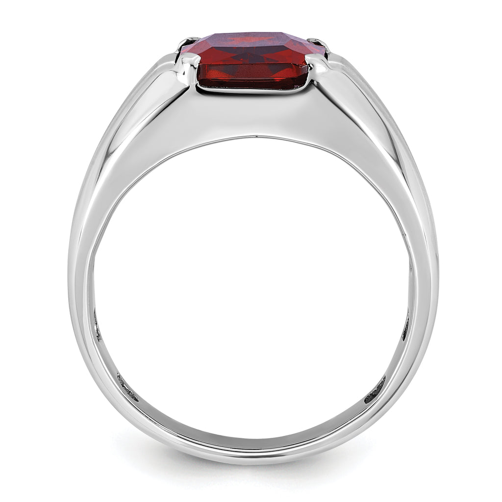 14k White Gold Mens Barrel Lab Created Garnet and 1/10 carat Diamond Complete Ring - Sophia Jewelers