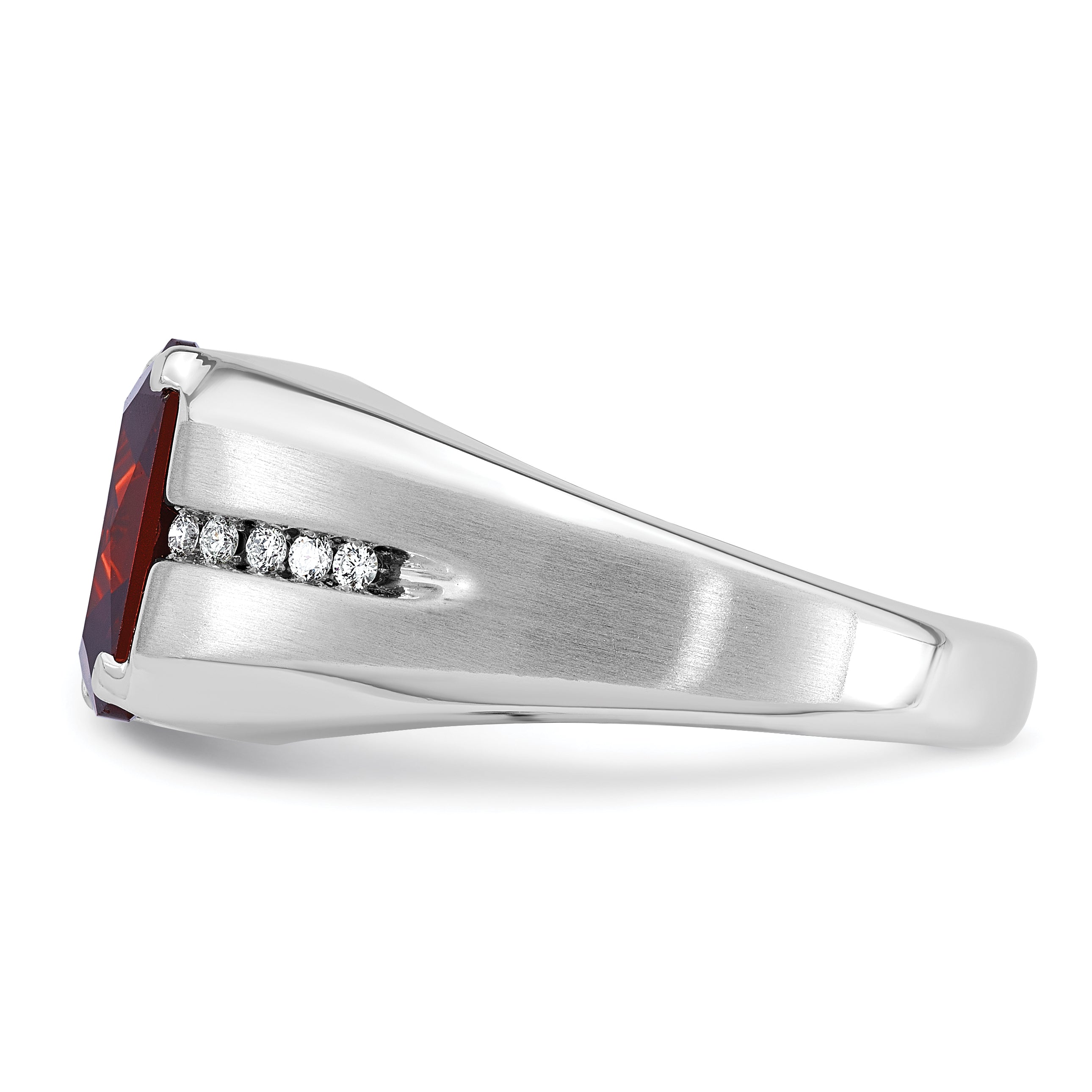 14k White Gold Mens Barrel Lab Created Garnet and 1/10 carat Diamond Complete Ring - Sophia Jewelers