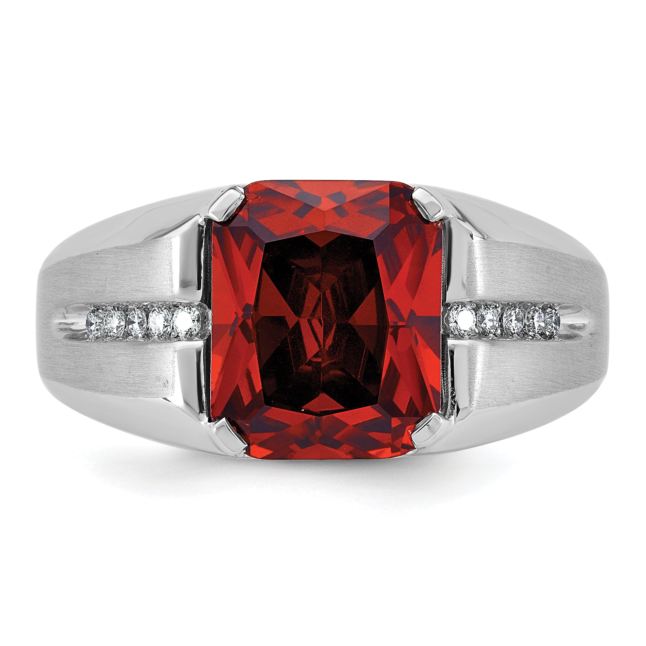 14k White Gold Mens Barrel Lab Created Garnet and 1/10 carat Diamond Complete Ring - Sophia Jewelers