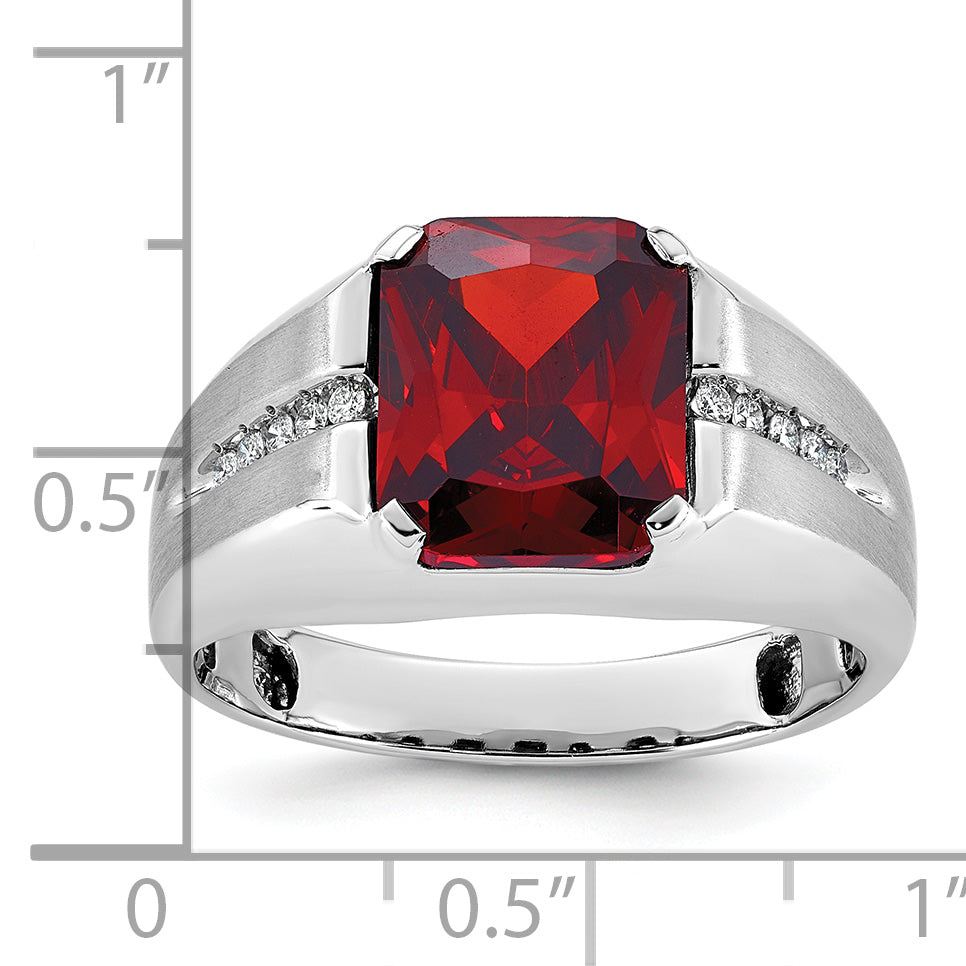 14k White Gold Mens Barrel Lab Created Garnet and 1/10 carat Diamond Complete Ring - Sophia Jewelers