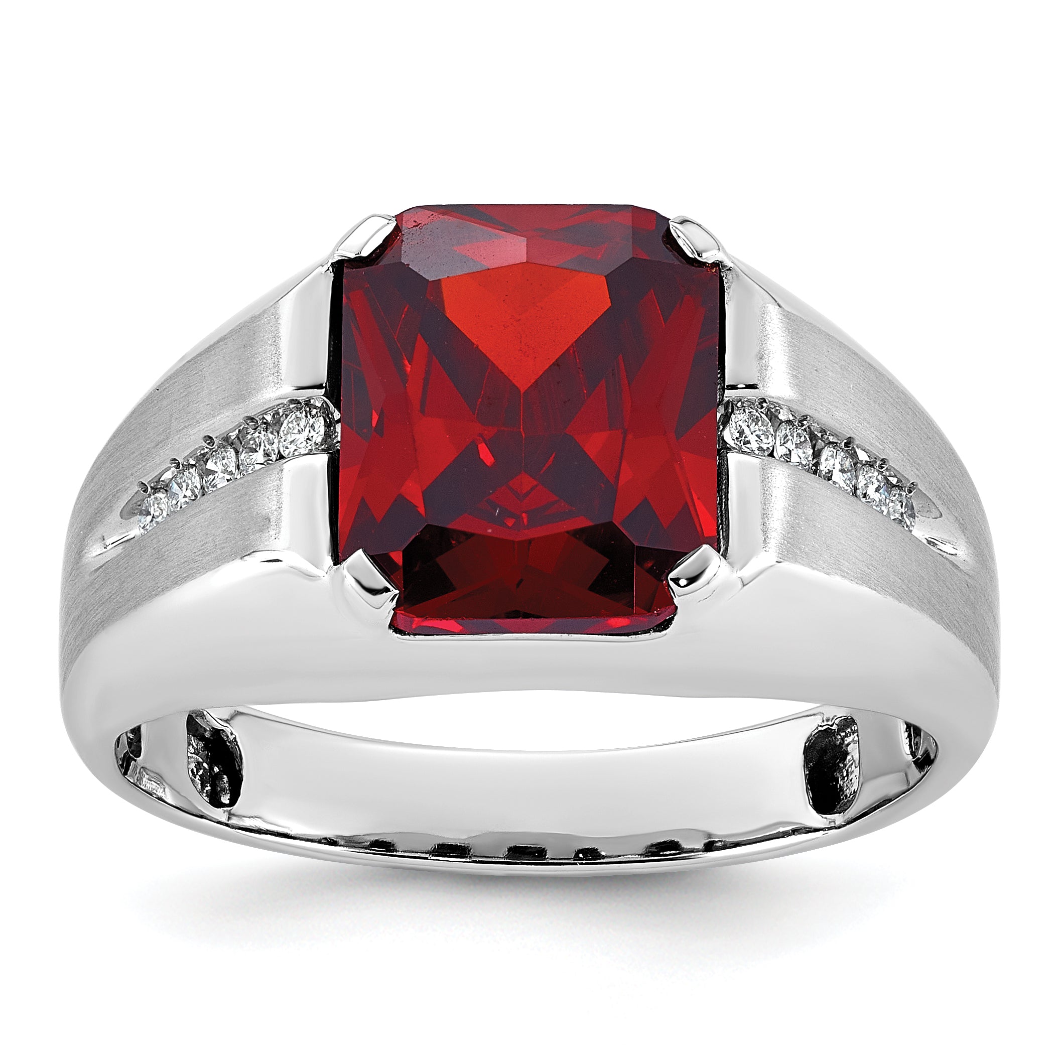 14k White Gold Mens Barrel Lab Created Garnet and 1/10 carat Diamond Complete Ring - Sophia Jewelers Main image