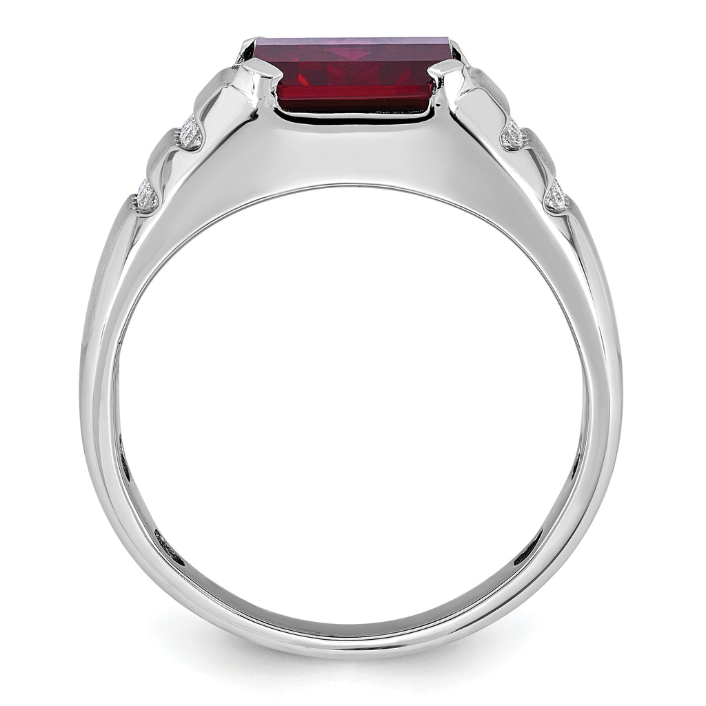 14k White Gold Mens Barrel Lab Created Ruby and 1/5 carat Diamond Complete Ring - Sophia Jewelers