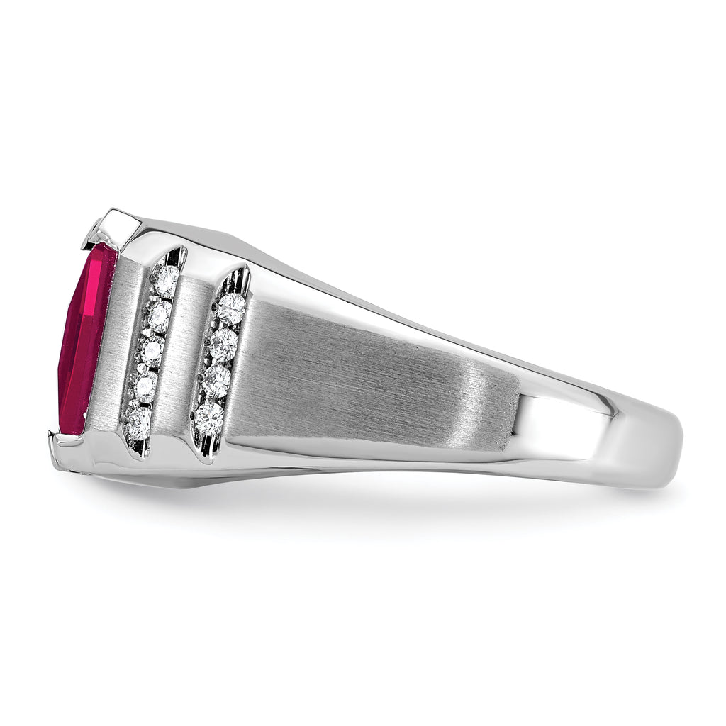 14k White Gold Mens Barrel Lab Created Ruby and 1/5 carat Diamond Complete Ring - Sophia Jewelers