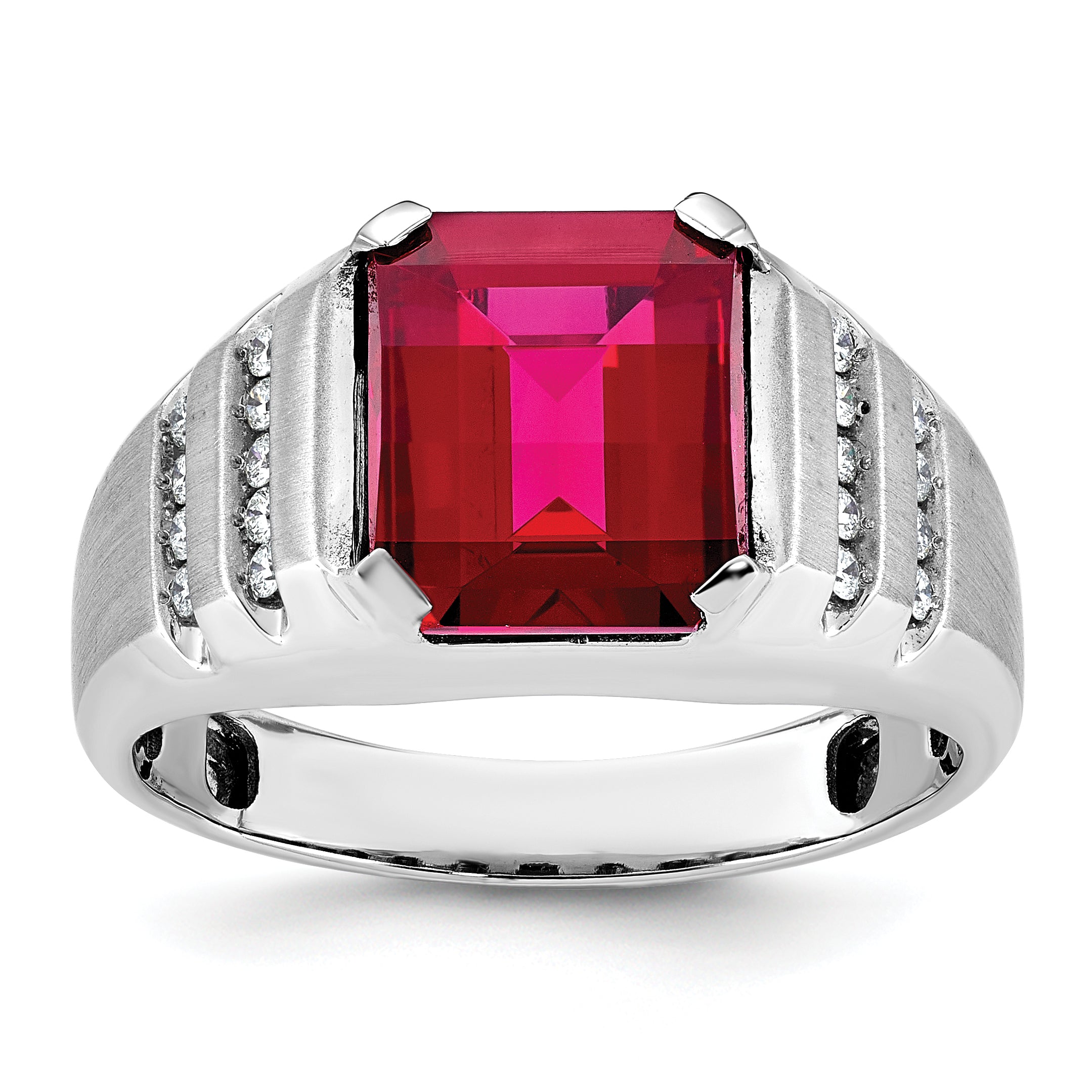 14k White Gold Mens Barrel Lab Created Ruby and 1/5 carat Diamond Complete Ring - Sophia Jewelers