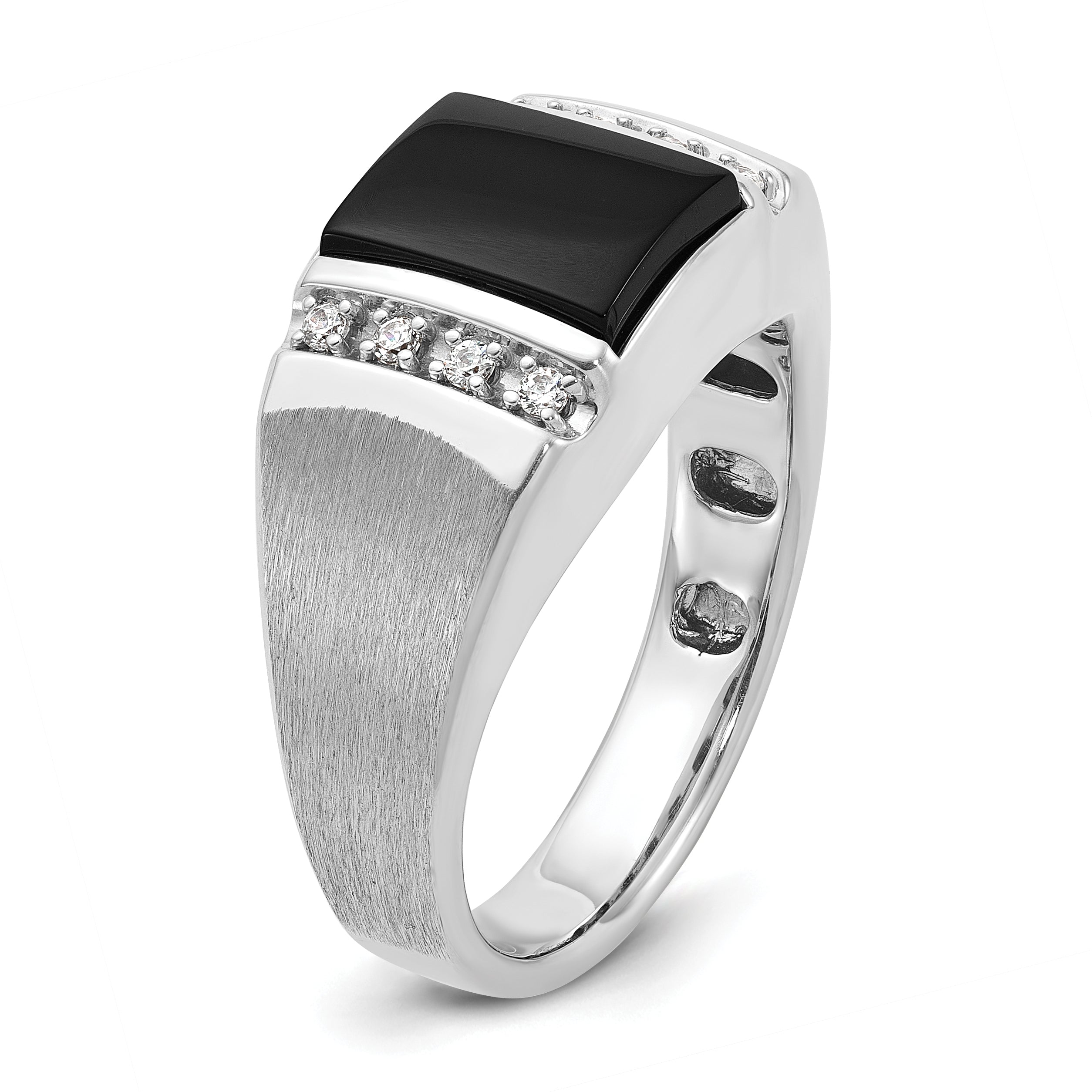14k White Gold Mens Satin Rectangle Onyx and 1/8 carat Diamond Complete Ring - Sophia Jewelers