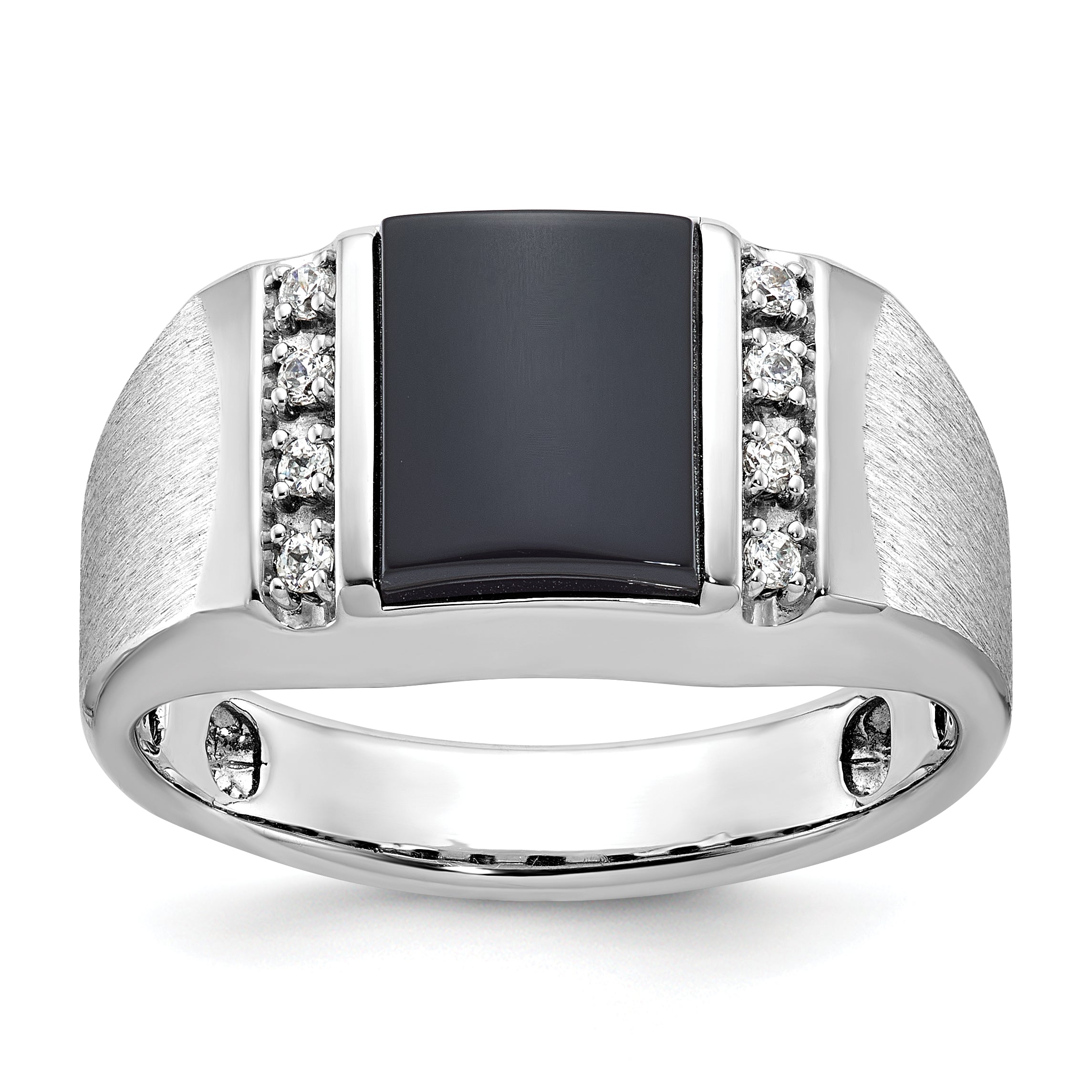 14k White Gold Mens Satin Rectangle Onyx and 1/8 carat Diamond Complete Ring - Sophia Jewelers