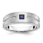 14k White Gold Mens Satin Lab Created Sapphire and 1/8 carat Diamond Complete Ring - Sophia Jewelers