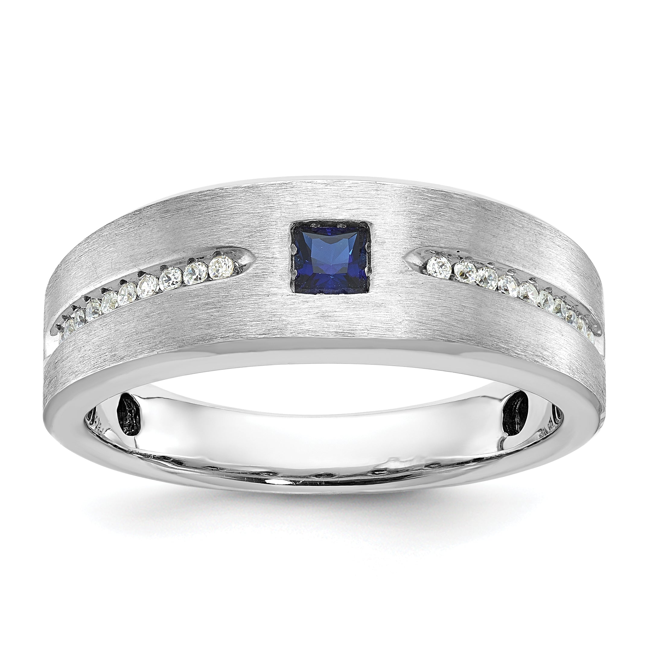 14k White Gold Mens Satin Lab Created Sapphire and 1/8 carat Diamond Complete Ring - Sophia Jewelers