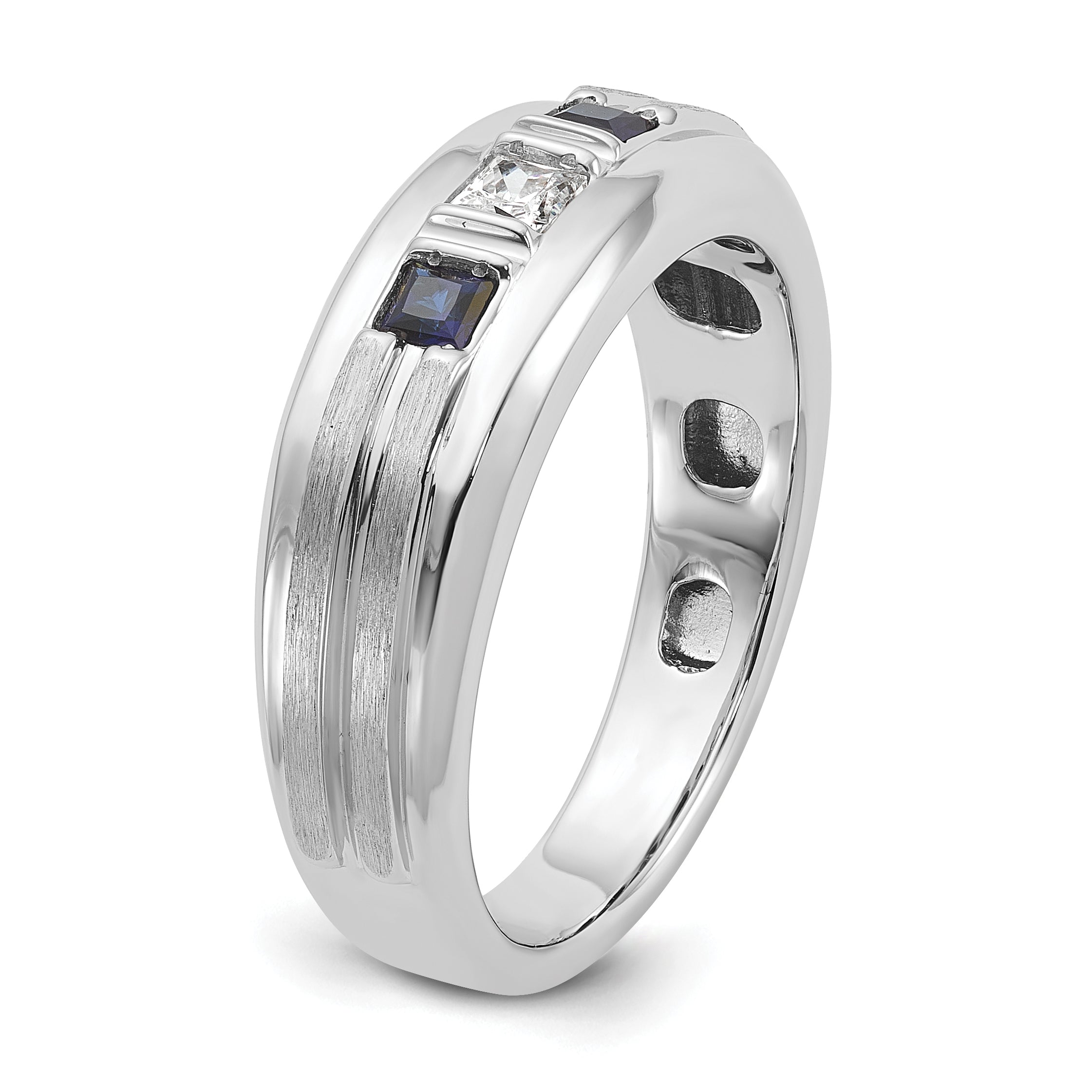 14k White Gold Men's Polished Satin and Grooved Square 3-Stone Ring Mounting, Mounting Only - Sophia Jewelers
