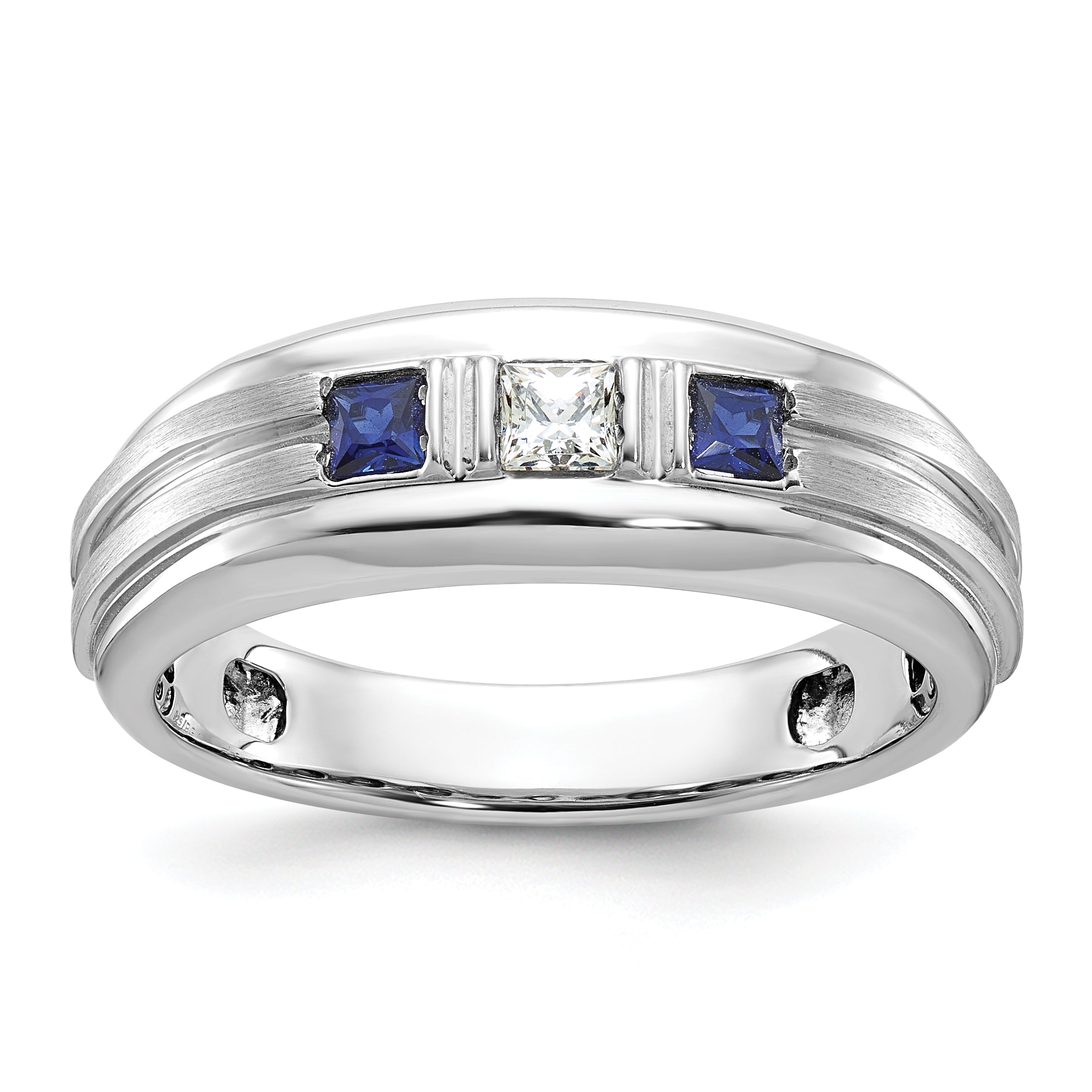 14k White Gold Men's Polished Satin and Grooved Square 3-Stone Ring Mounting, Mounting Only - Sophia Jewelers